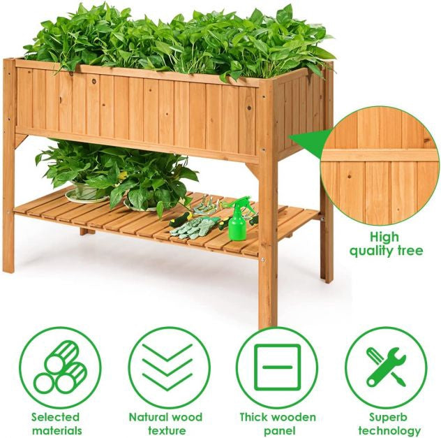 Raised Garden Planter Box, Fir Wood, Lower Shelf, 47 in