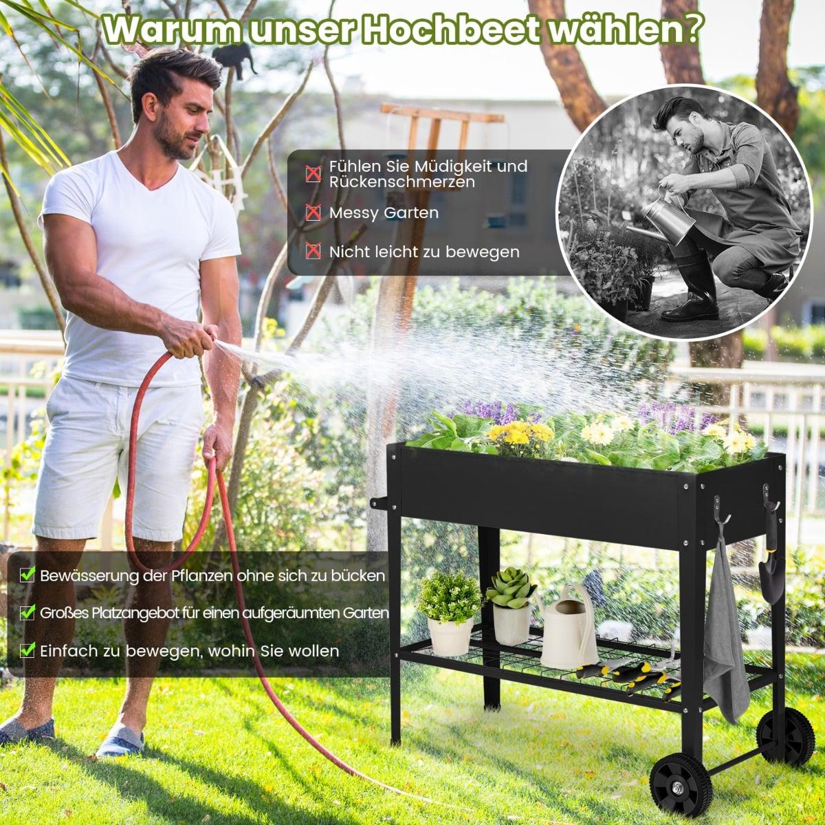 Raised Metal Garden Bed with Wheels, Shelf & Hooks - Black