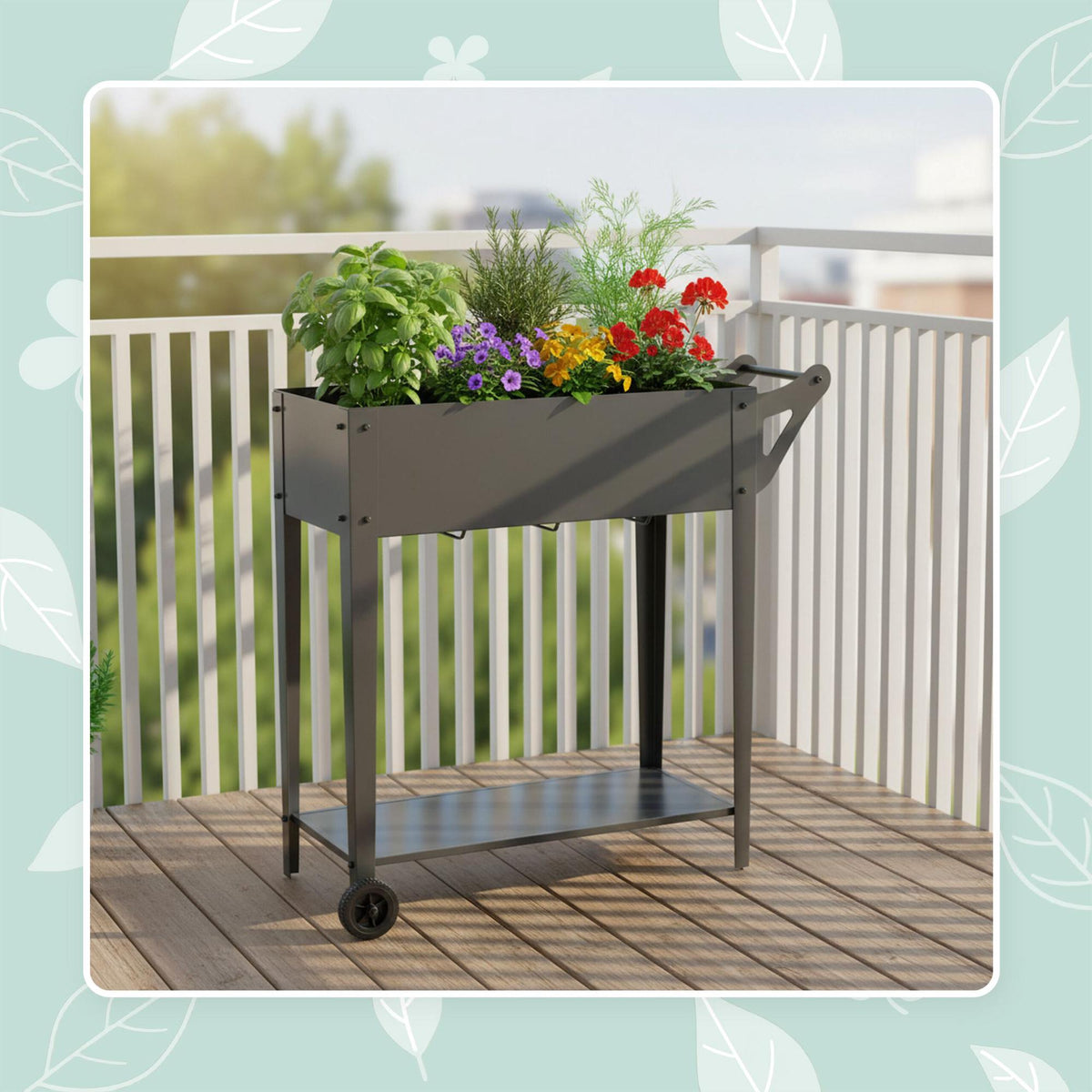 Raised Planter Box With Wheels And Storage Shelf
