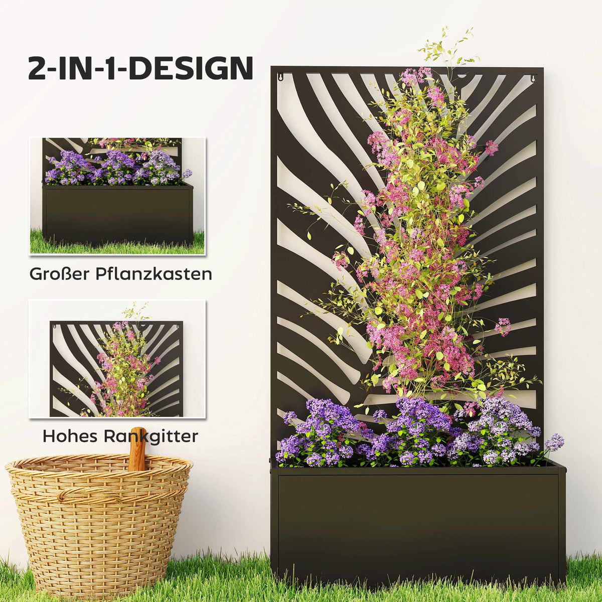 Raised Planter Box with Trellis, Metal, 61 x 23 x 113 cm