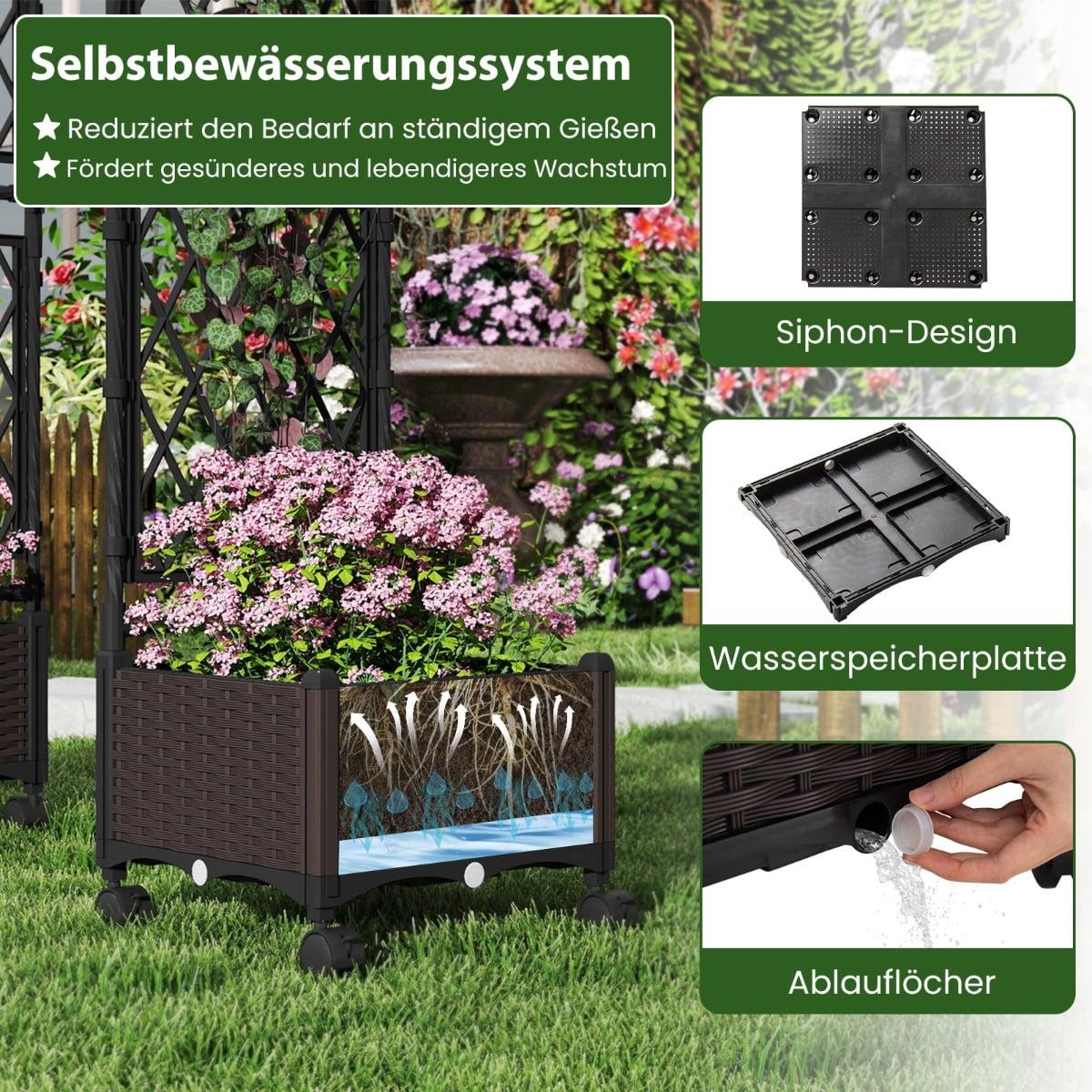 Raised Planter with Trellis, Self-Watering, Mobile, Brown
