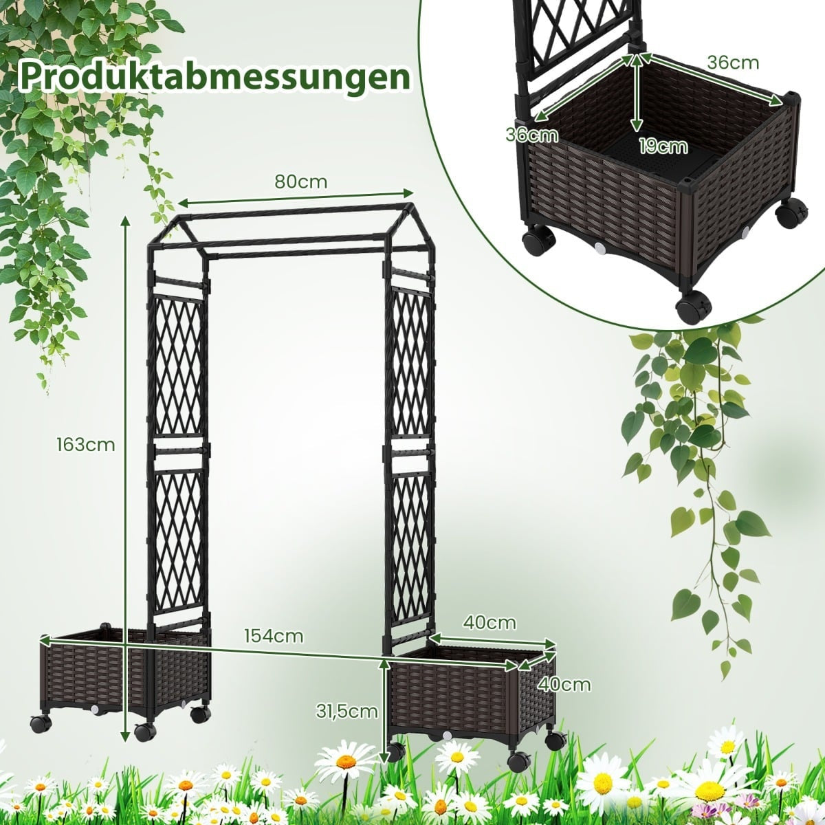 Raised Planter with Trellis, Self-Watering, Mobile, Brown