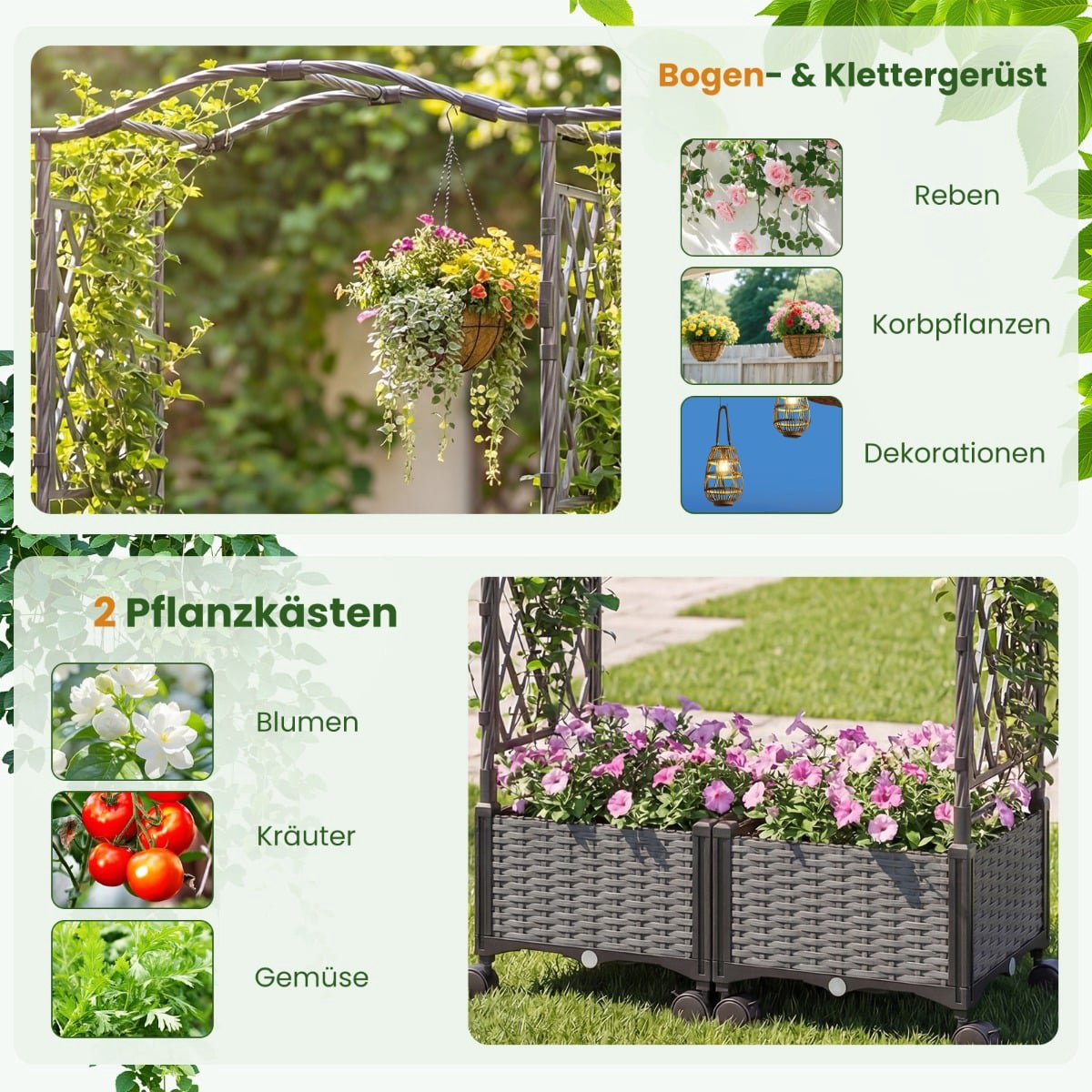 Raised Planter with Trellis & Self-Watering System, Grey