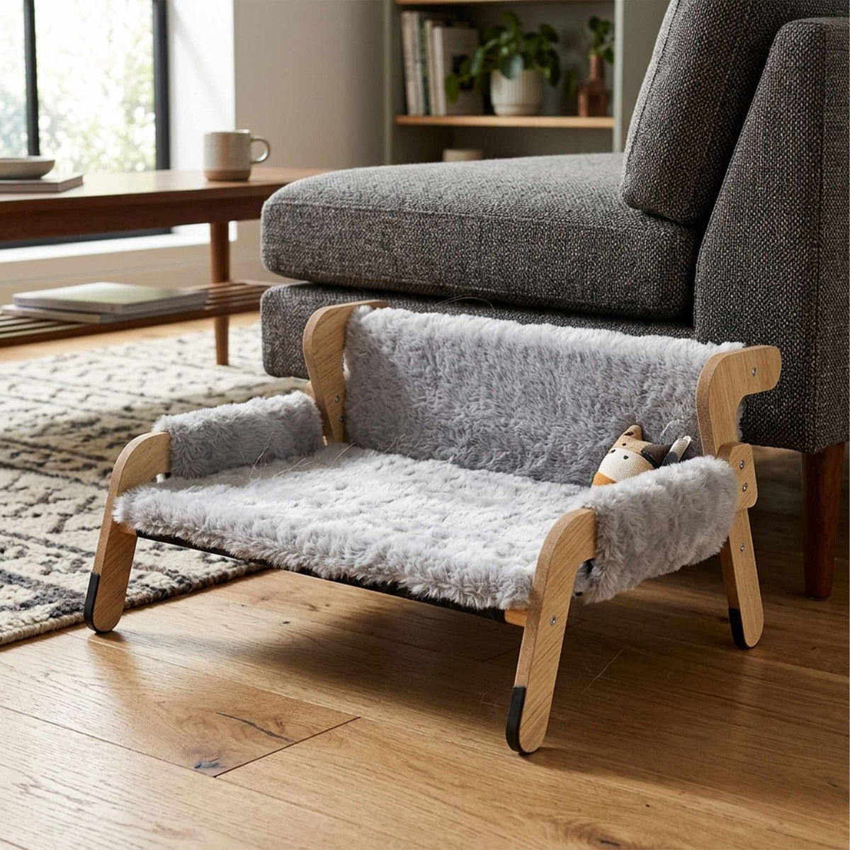 Raised Plush Cat Bed, Grey – Pine Frame, 53x45.5 cm