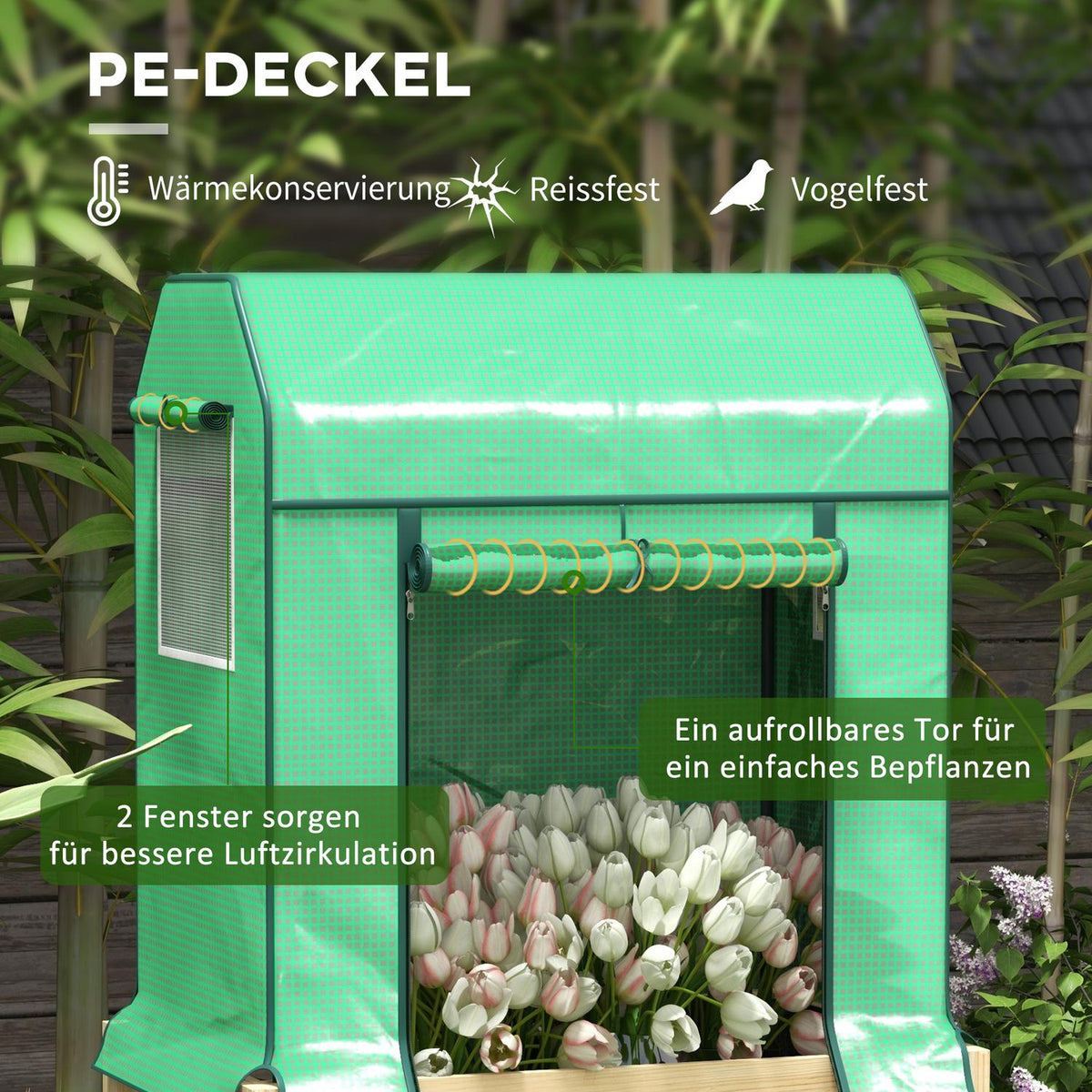 Raised Wooden Bed With Greenhouse, Raised Cold Frame, Herb Bed With Non-Woven Fabric, Natural/Green, 86X60X165Cm