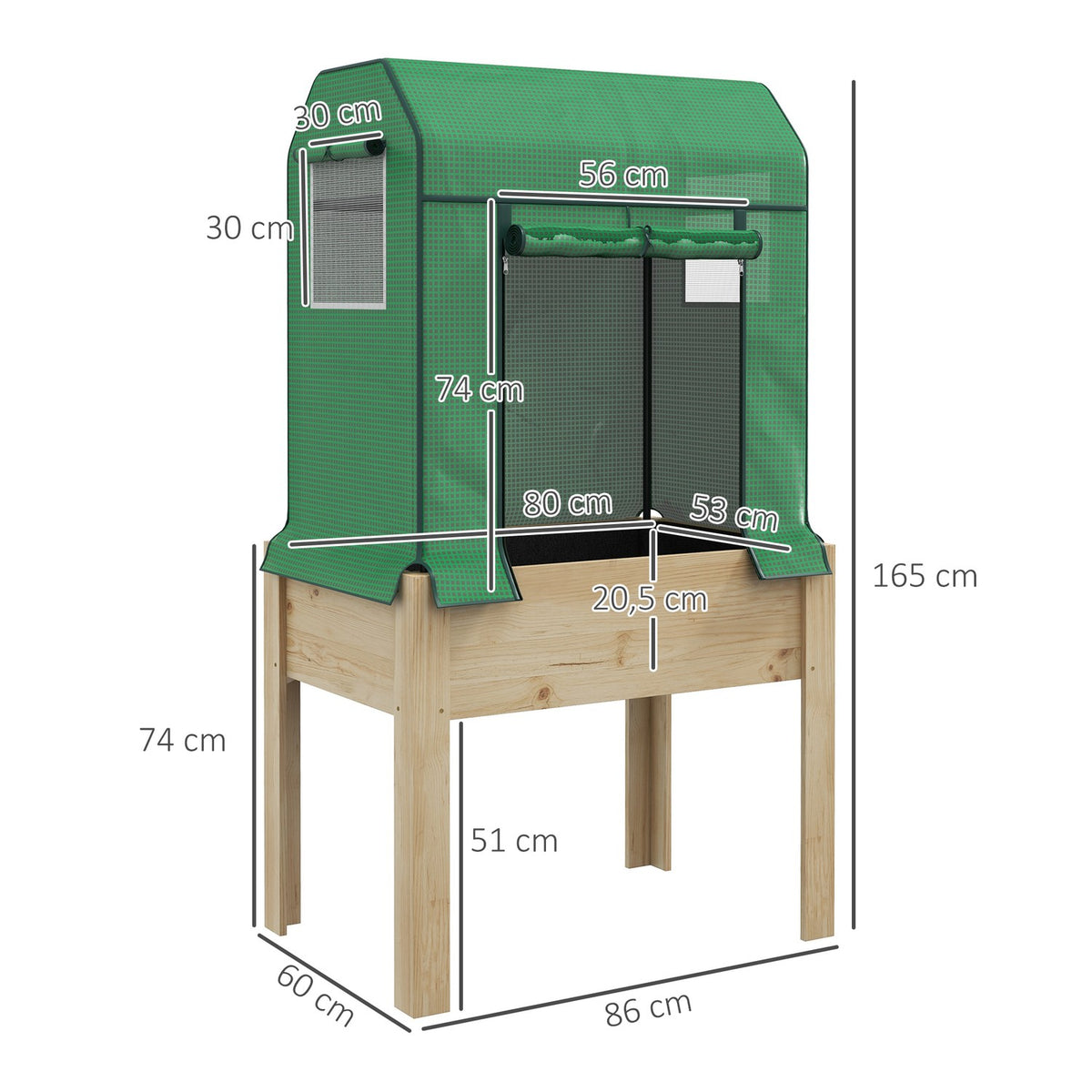 Raised Wooden Bed With Greenhouse, Raised Cold Frame, Herb Bed With Non-Woven Fabric, Natural/Green, 86X60X165Cm