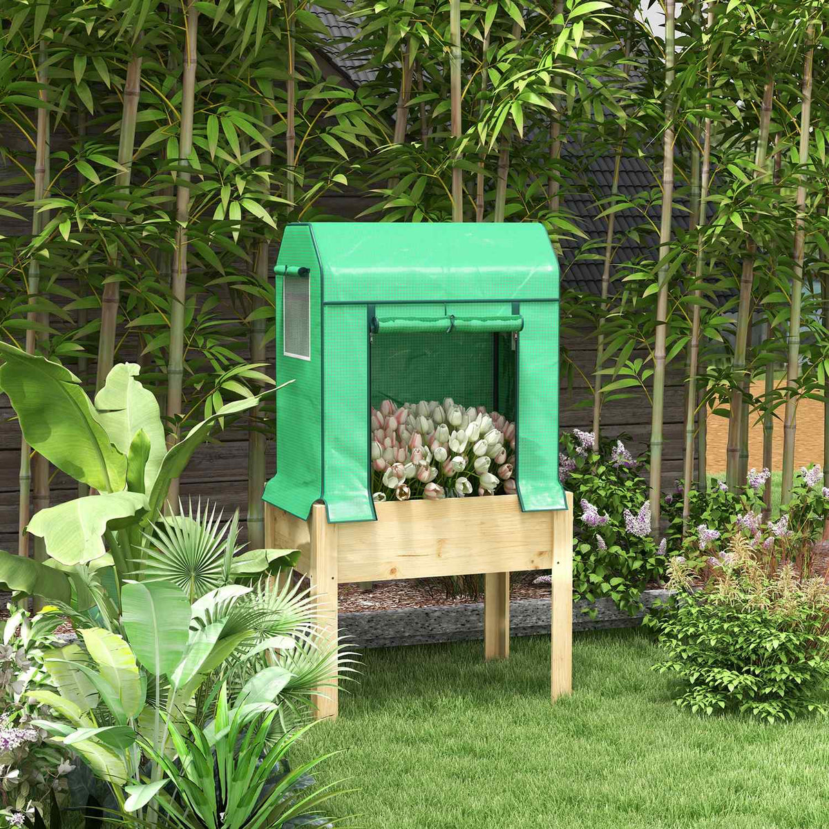 Raised Wooden Bed With Greenhouse, Raised Cold Frame, Herb Bed With Non-Woven Fabric, Natural/Green, 86X60X165Cm