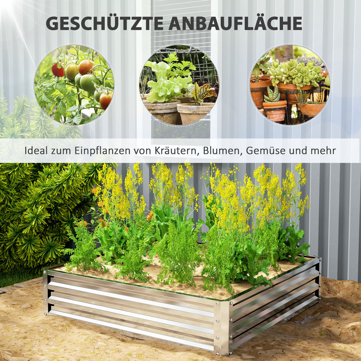 Raised bed, flower box, vegetable bed, planter, herb bed for garden, terrace, balcony, steel, silver, 120 x 120 x 30 cm |
