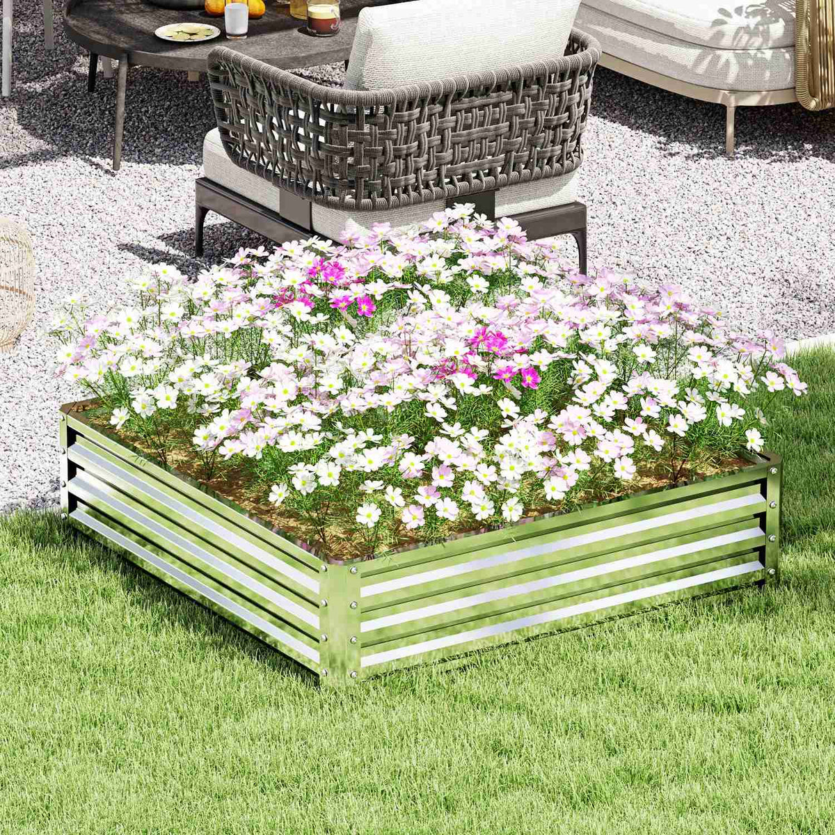 Raised bed, flower box, vegetable bed, planter, herb bed for garden, terrace, balcony, steel, silver, 120 x 120 x 30 cm |