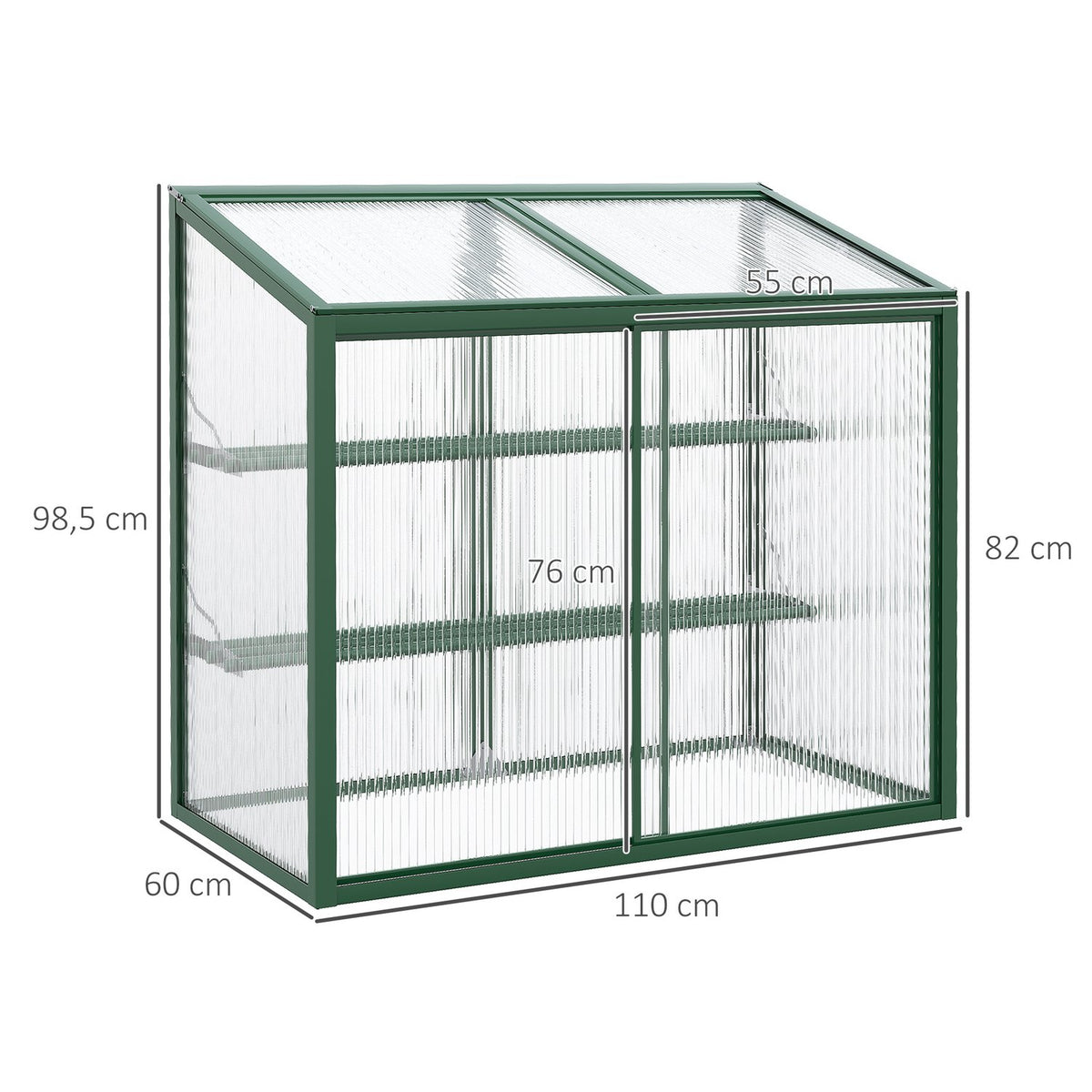 Raised bed, greenhouse with sliding door, shelves, cold frame, plant bed with opening roof, aluminum + polycarbonate, 110 x 60 x 98.5 cm