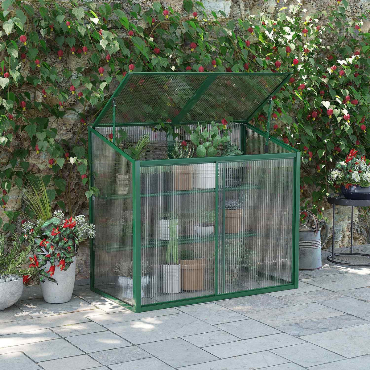Raised bed, greenhouse with sliding door, shelves, cold frame, plant bed with opening roof, aluminum + polycarbonate, 110 x 60 x 98.5 cm