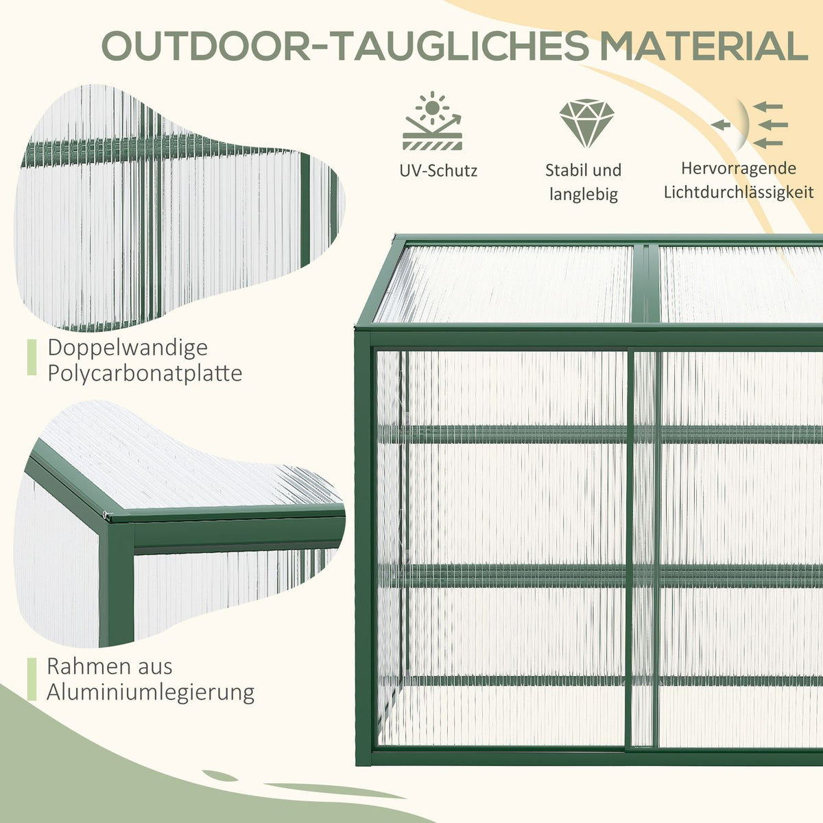 Raised bed, greenhouse with sliding door, shelves, cold frame, plant bed with opening roof, aluminum + polycarbonate, 110 x 60 x 98.5 cm