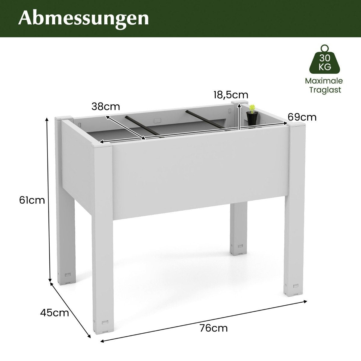 Raised bed made of plastic, self-watering garden bed, 53L, 76 x 45 x 61 cm, white