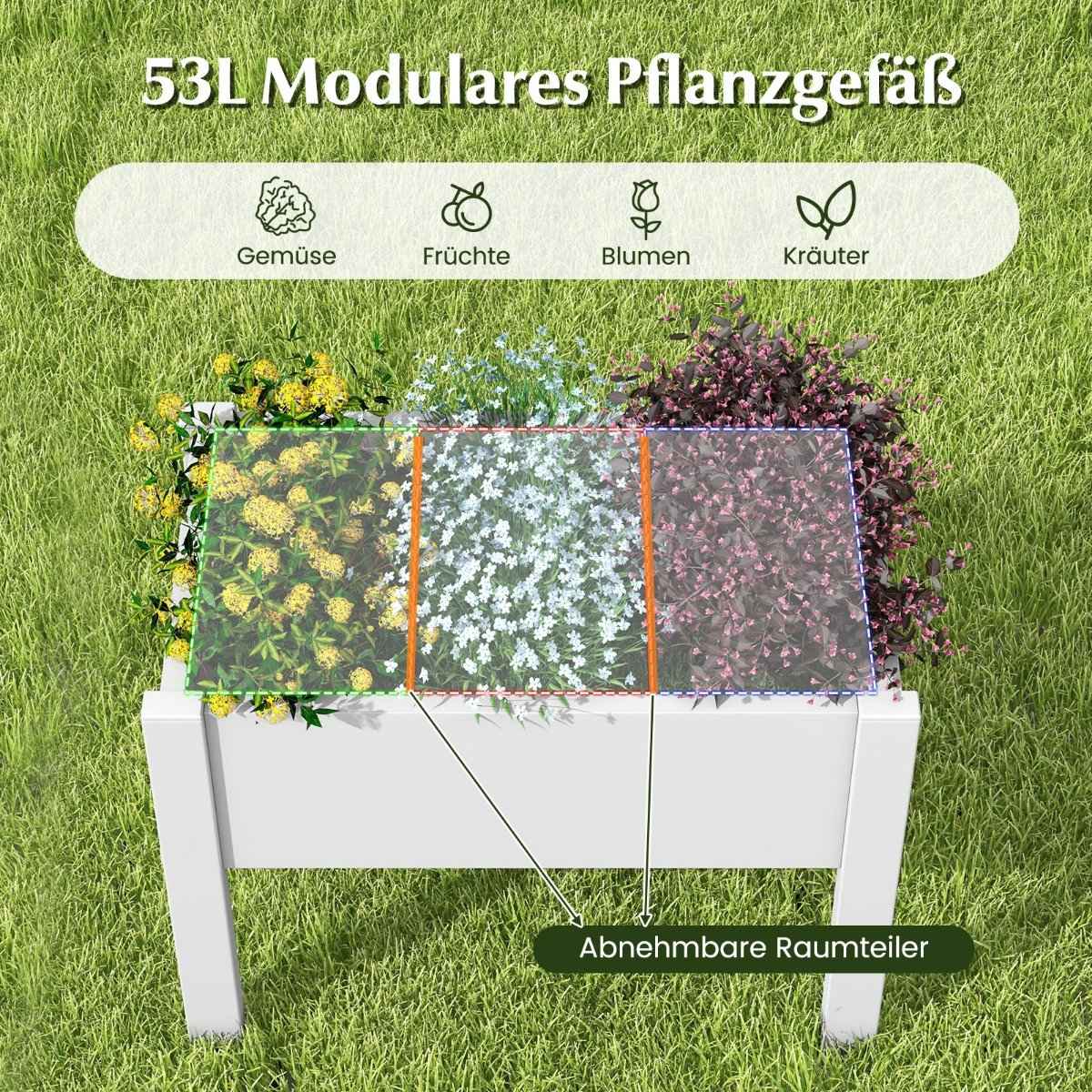 Raised bed made of plastic, self-watering garden bed, 53L, 76 x 45 x 61 cm, white