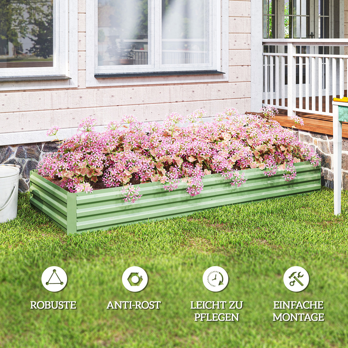 Raised bed made of steel, 241 x 90.5 x 30 cm plant box, plant pot, flower box, garden bed, herb bed, vegetable bed for balcony, terrace, green |
