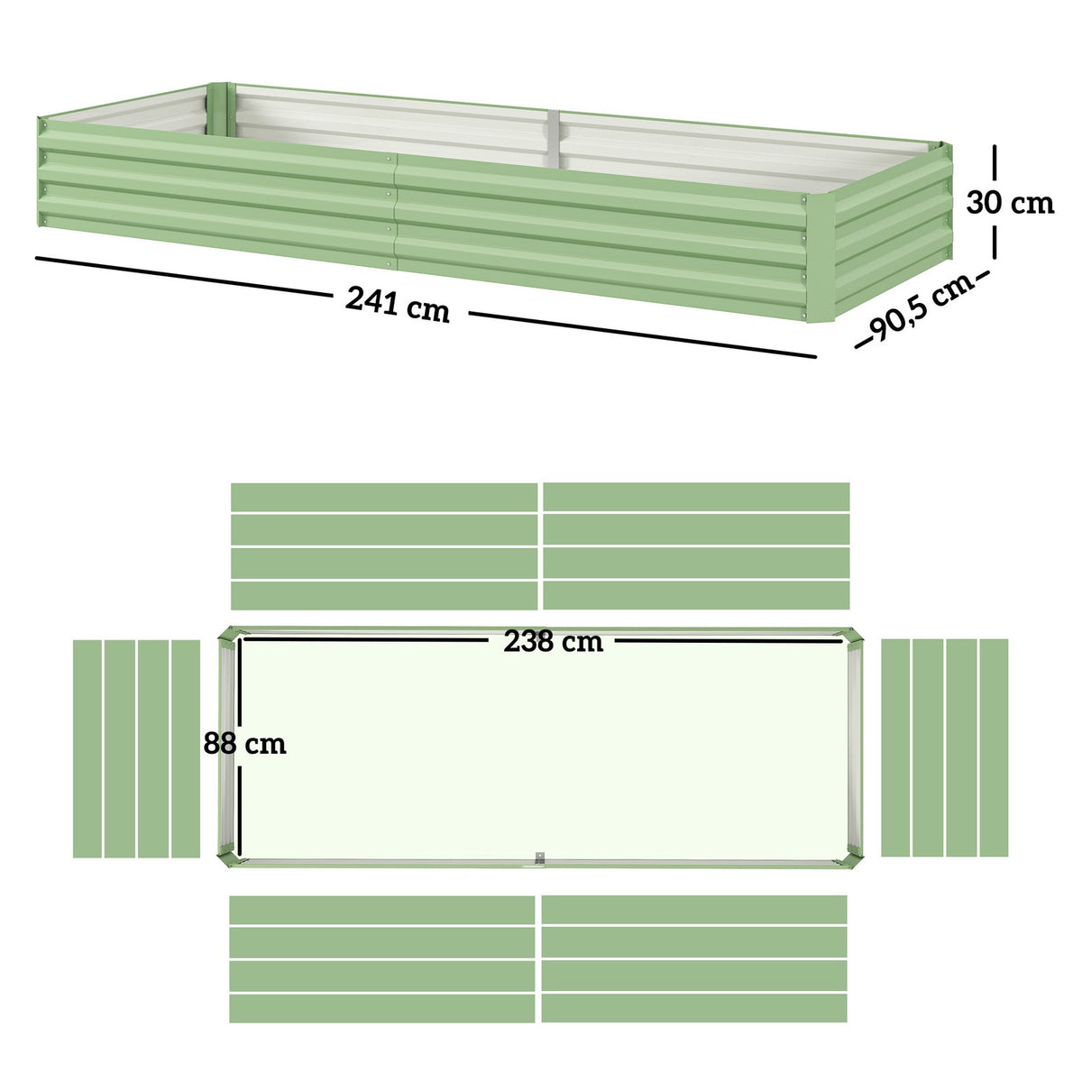 Raised bed made of steel, 241 x 90.5 x 30 cm plant box, plant pot, flower box, garden bed, herb bed, vegetable bed for balcony, terrace, green |