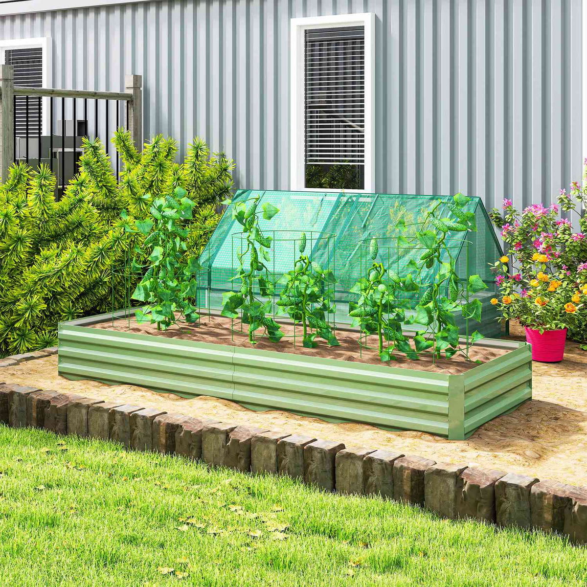 Raised bed made of steel, 241 x 90.5 x 30 cm plant box, plant pot, flower box, garden bed, herb bed, vegetable bed for balcony, terrace, green |