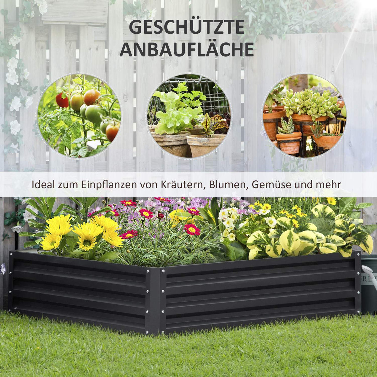 Raised bed made of steel flower box 120x120x30cm for garden terrace balcony grey, plant box vegetable bed