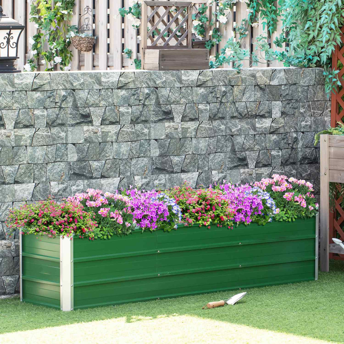 Raised bed made of steel garden bed planter flower box 183 x 47 x 40 cm with gloves in green for vegetables & flowers