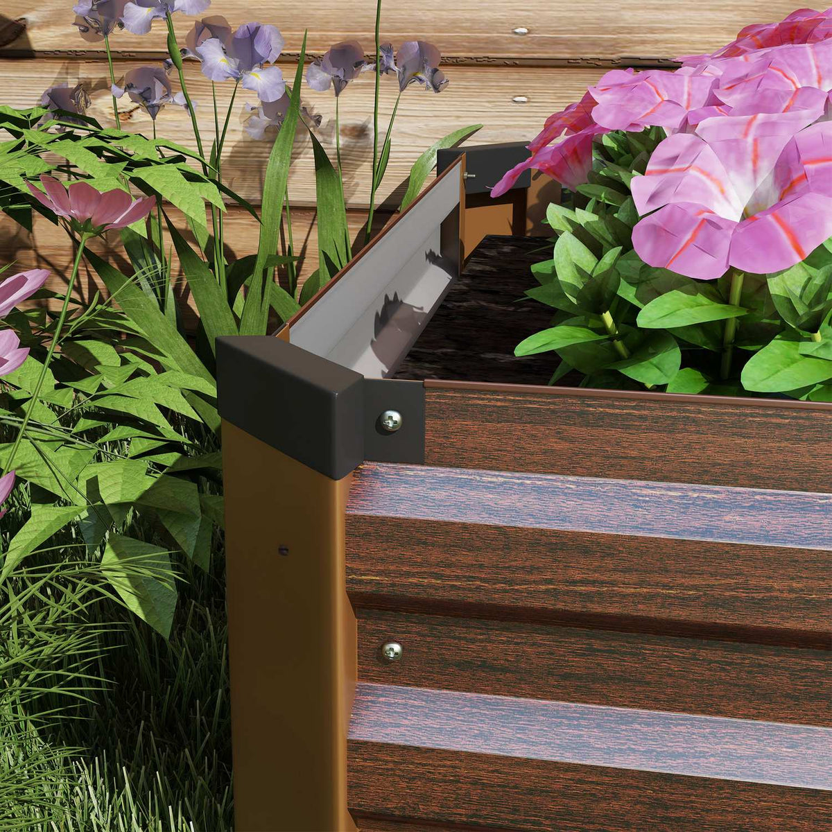 Raised bed made of steel, plant box with open bottom, flower box in wood look, vegetable bed & herb bed for balcony & garden, dark brown |