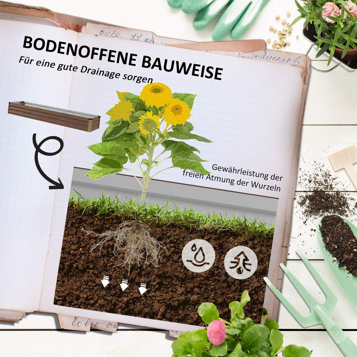 Raised bed made of steel, plant box with open bottom, flower box in wood look, vegetable bed & herb bed for balcony & garden, dark brown |