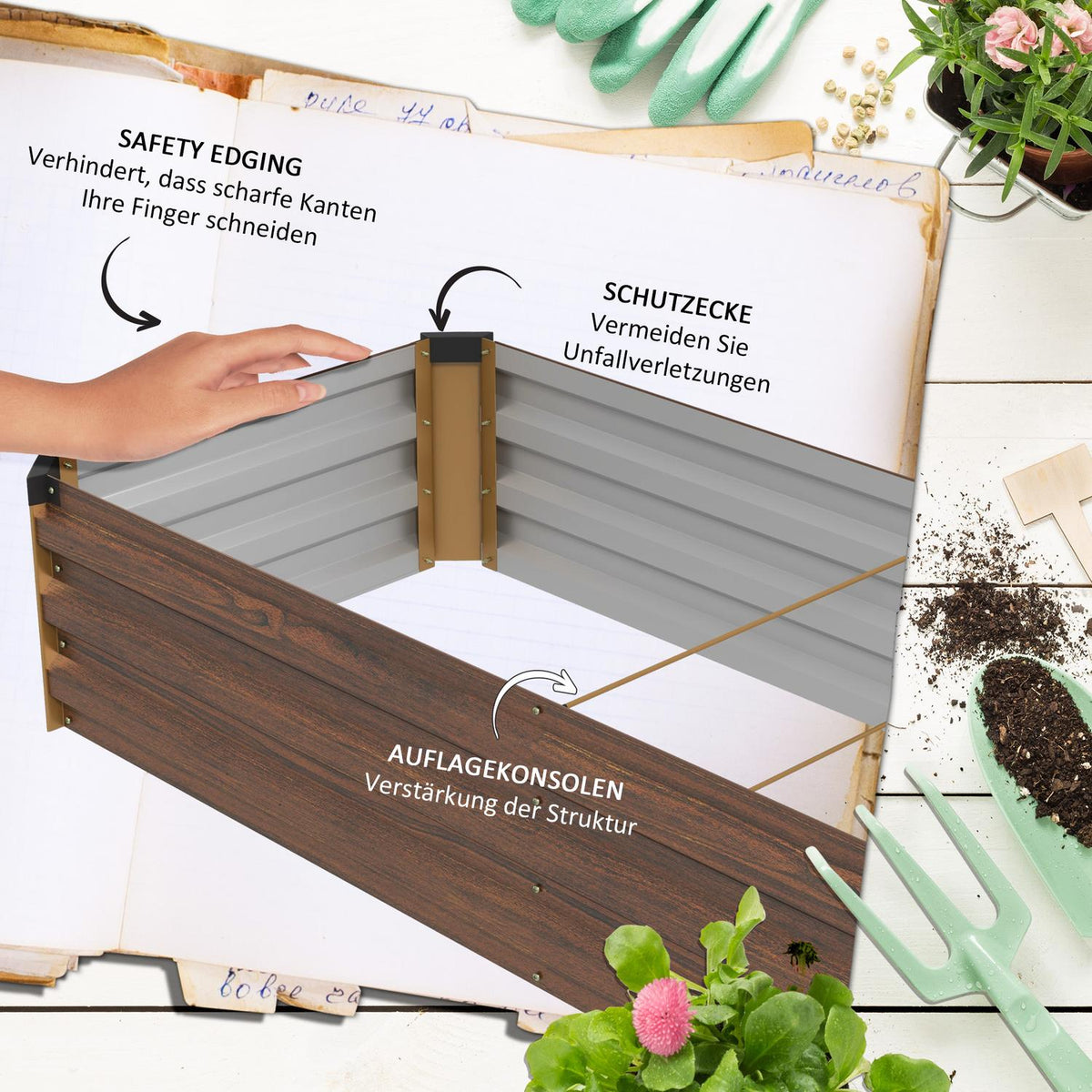 Raised bed made of steel, plant box with open bottom, flower box in wood look, vegetable bed & herb bed for balcony & garden, dark brown |