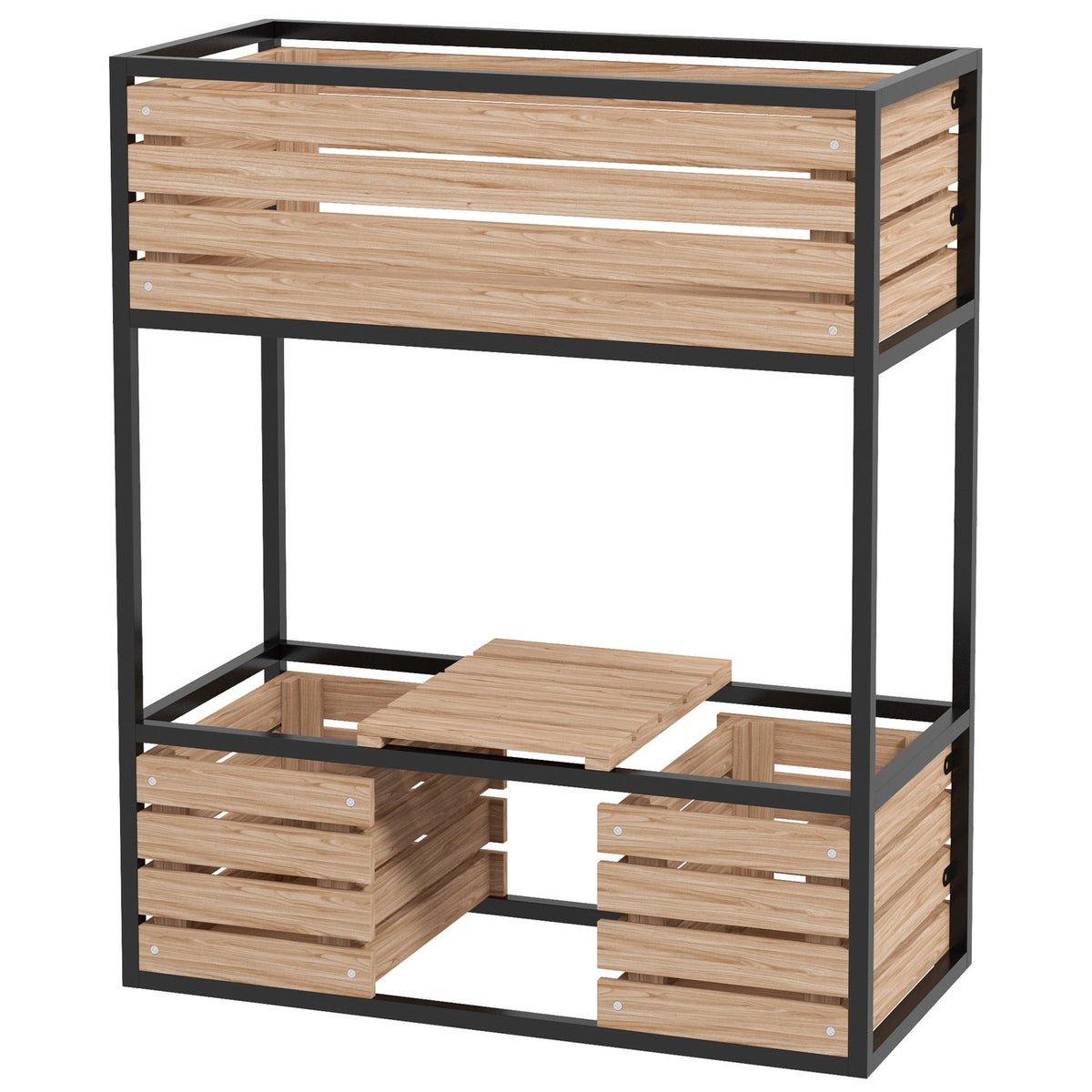 Raised bed made of wood, 2-tier flower box with shelf, raised vegetable bed with inner fleece, herb bed, light brown, 83 x 39 x 100 cm