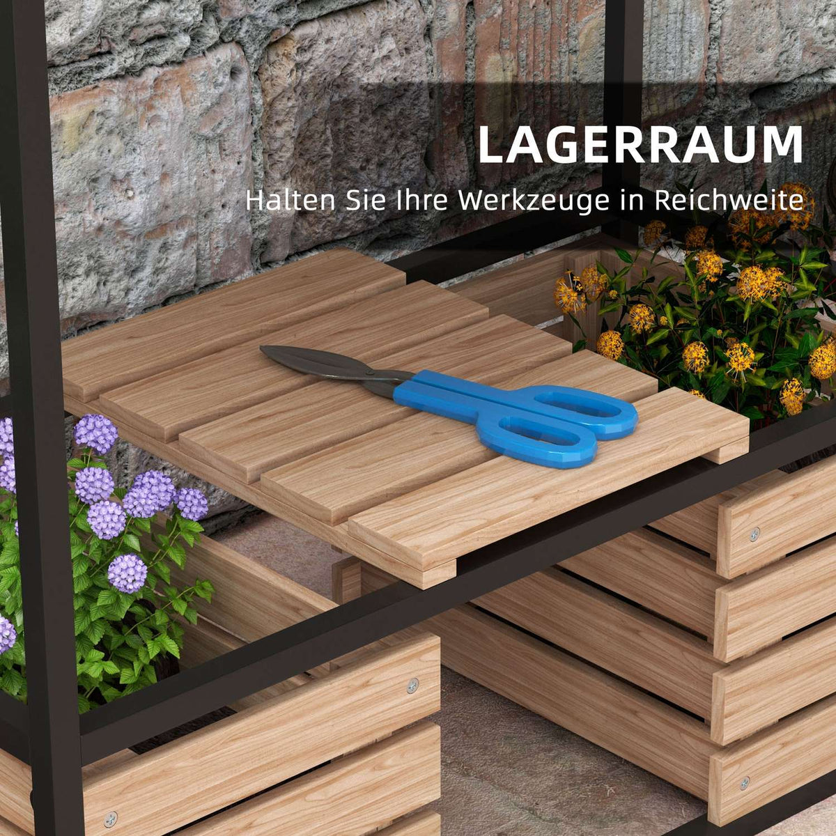 Raised bed made of wood, 2-tier flower box with shelf, raised vegetable bed with inner fleece, herb bed, light brown, 83 x 39 x 100 cm