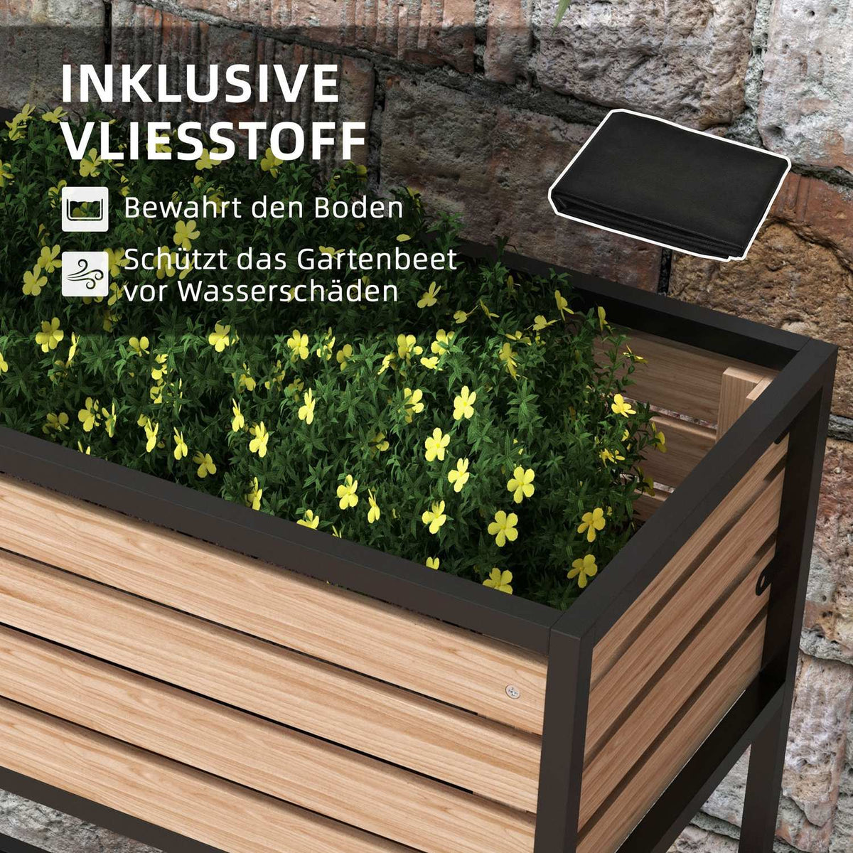 Raised bed made of wood, 2-tier flower box with shelf, raised vegetable bed with inner fleece, herb bed, light brown, 83 x 39 x 100 cm