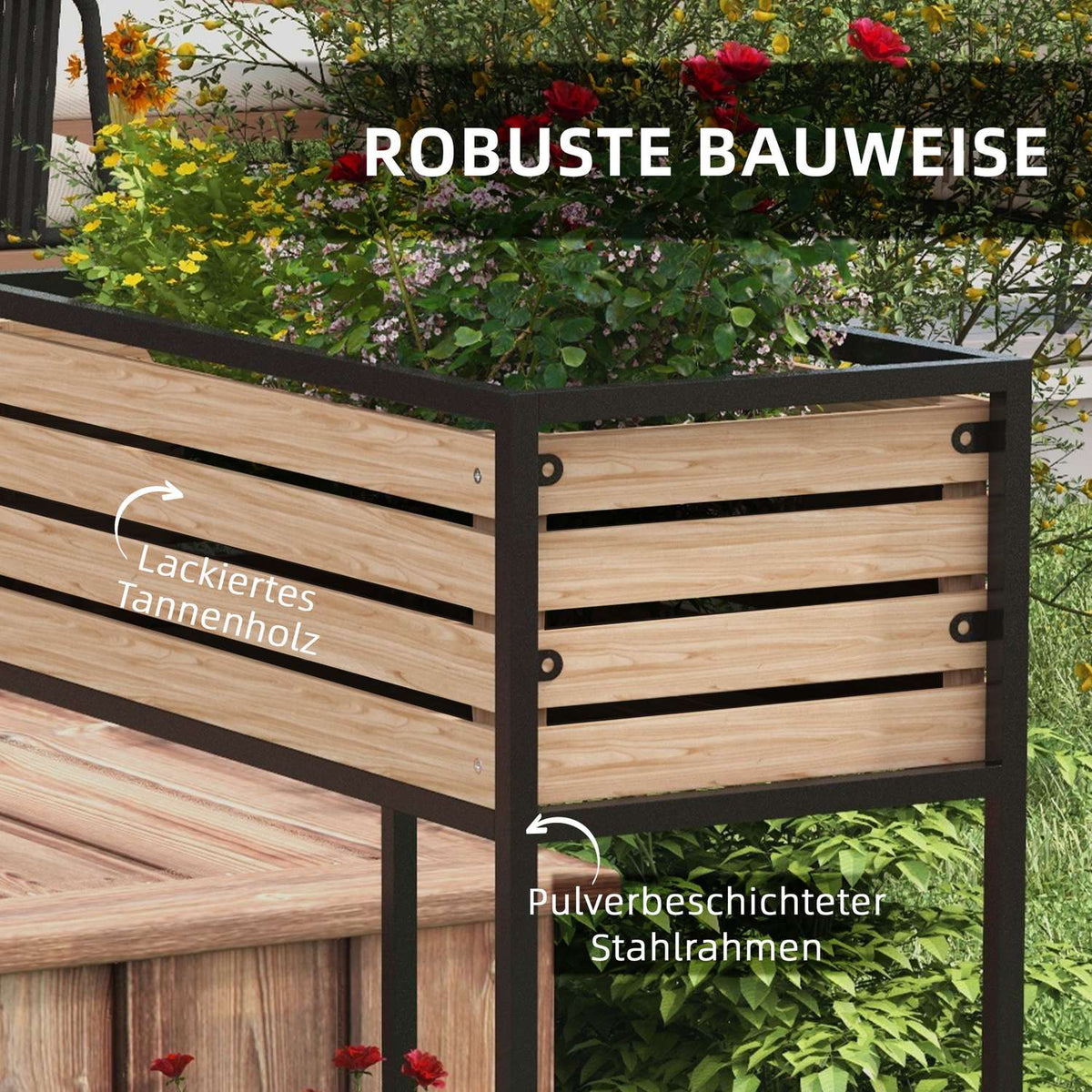 Raised bed made of wood, 2-tier flower box with shelf, raised vegetable bed with inner fleece, herb bed, light brown, 83 x 39 x 100 cm