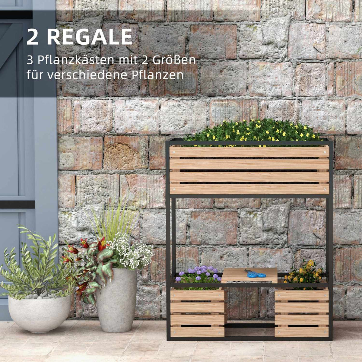 Raised bed made of wood, 2-tier flower box with shelf, raised vegetable bed with inner fleece, herb bed, light brown, 83 x 39 x 100 cm