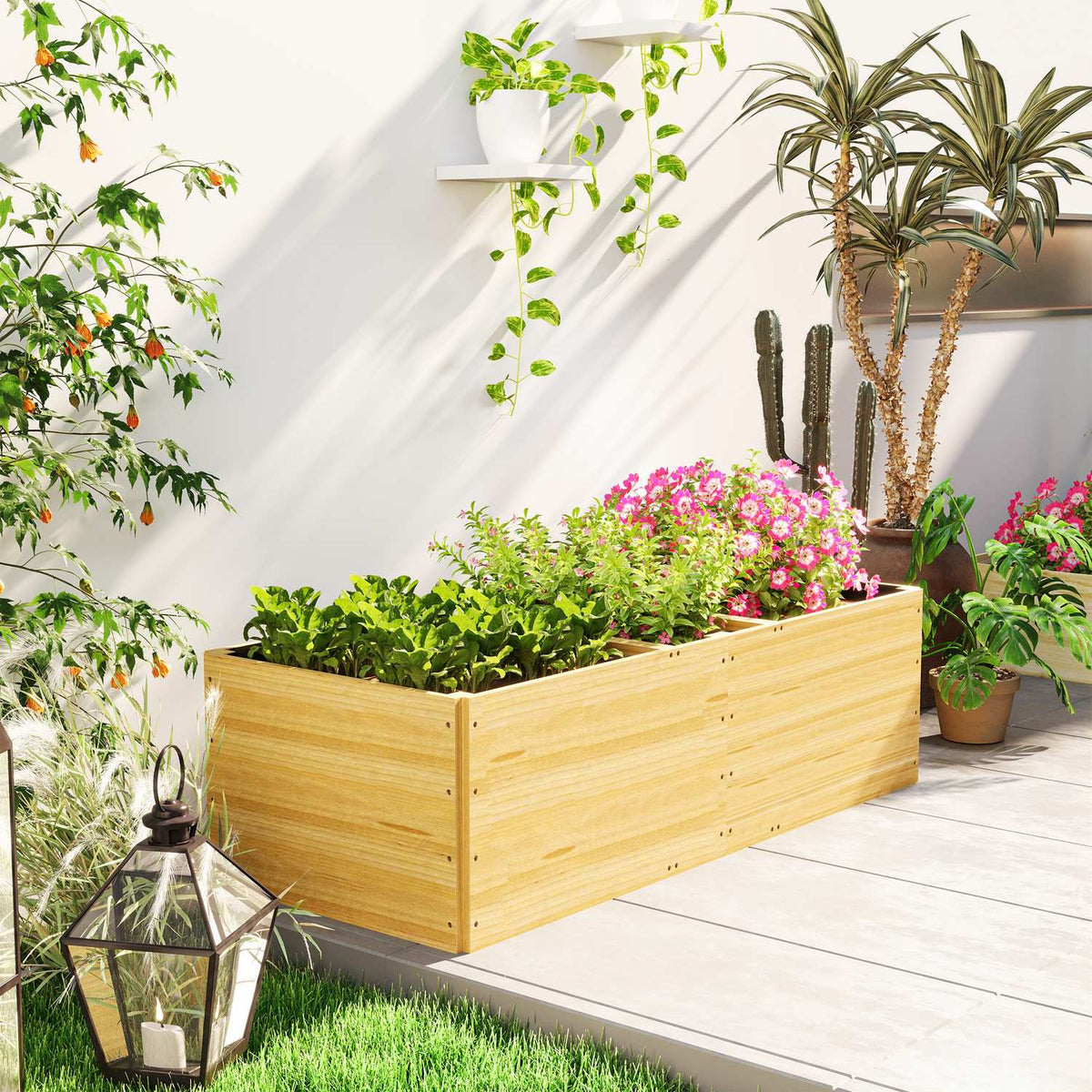 Raised bed made of wood, plant bed cold frame with 3 planting zones, garden bed flower box, plant box 140 x 60 x 40cm vegetable bed for garden balcony terrace, plant pot for flowers, plants, fruit