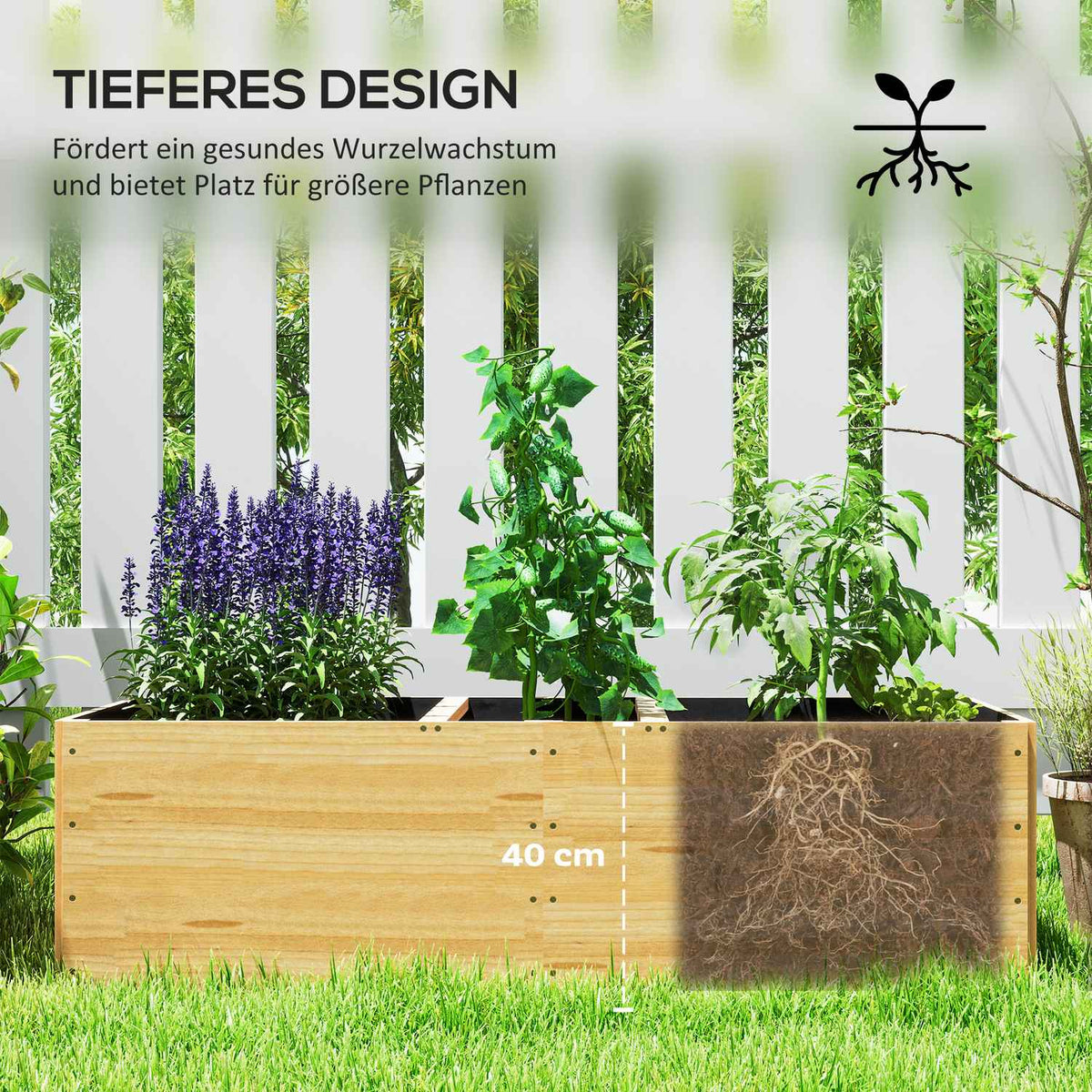 Raised bed made of wood, plant bed cold frame with 3 planting zones, garden bed flower box, plant box 140 x 60 x 40cm vegetable bed for garden balcony terrace, plant pot for flowers, plants, fruit