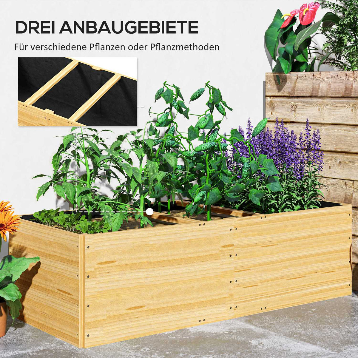 Raised bed made of wood, plant bed cold frame with 3 planting zones, garden bed flower box, plant box 140 x 60 x 40cm vegetable bed for garden balcony terrace, plant pot for flowers, plants, fruit