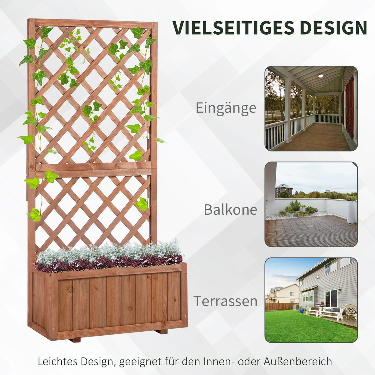 Raised bed, plant box with trellis, flower box, rose arch with trellis for climbing plants, wood, natural, 72.5x31.5x149.5cm