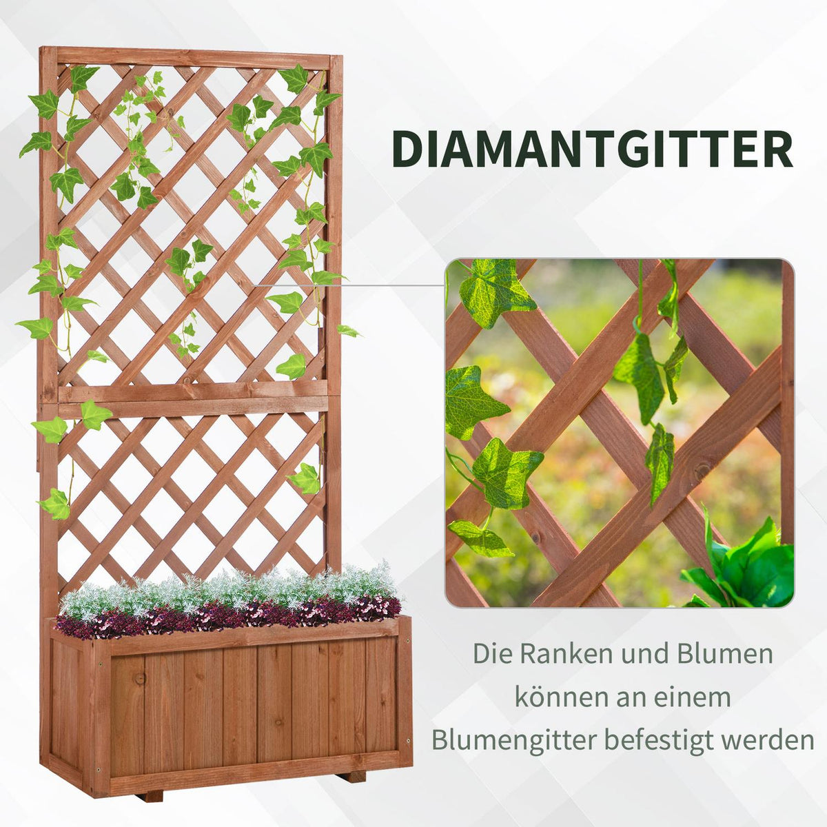 Raised bed, plant box with trellis, flower box, rose arch with trellis for climbing plants, wood, natural, 72.5x31.5x149.5cm