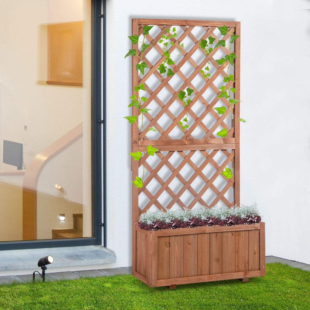 Raised bed, plant box with trellis, flower box, rose arch with trellis for climbing plants, wood, natural, 72.5x31.5x149.5cm