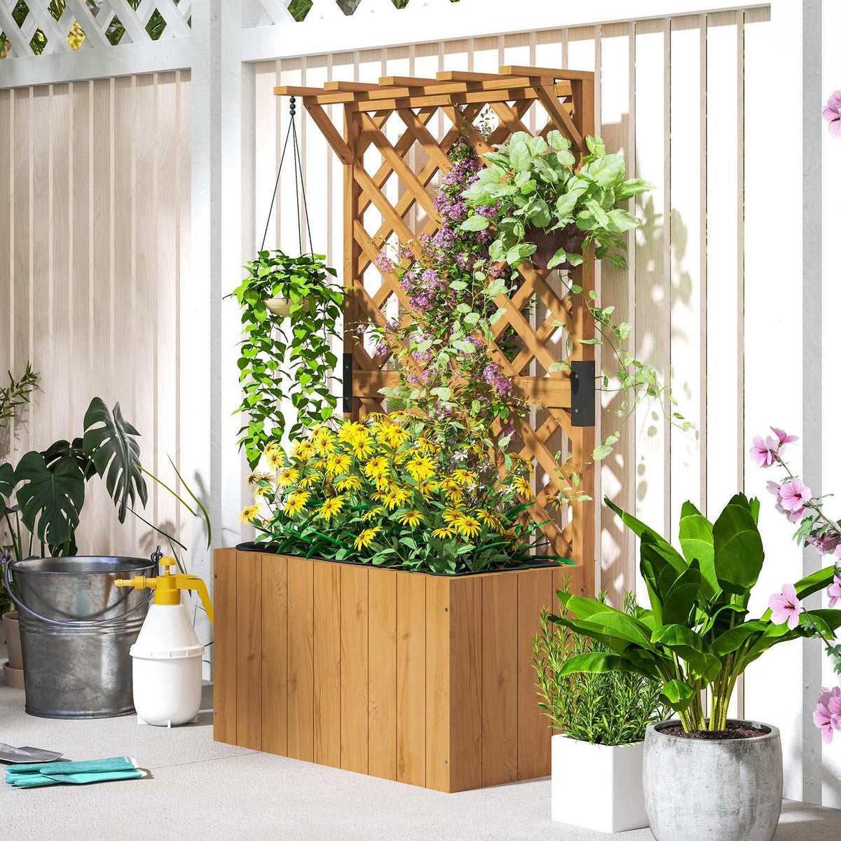 Raised bed plant box with trellis roof trellis plant pot flower box wood, garden trellis 64 x 33 x 122cm for garden balcony terrace, flower pot for climbing plants basket plants, flowers