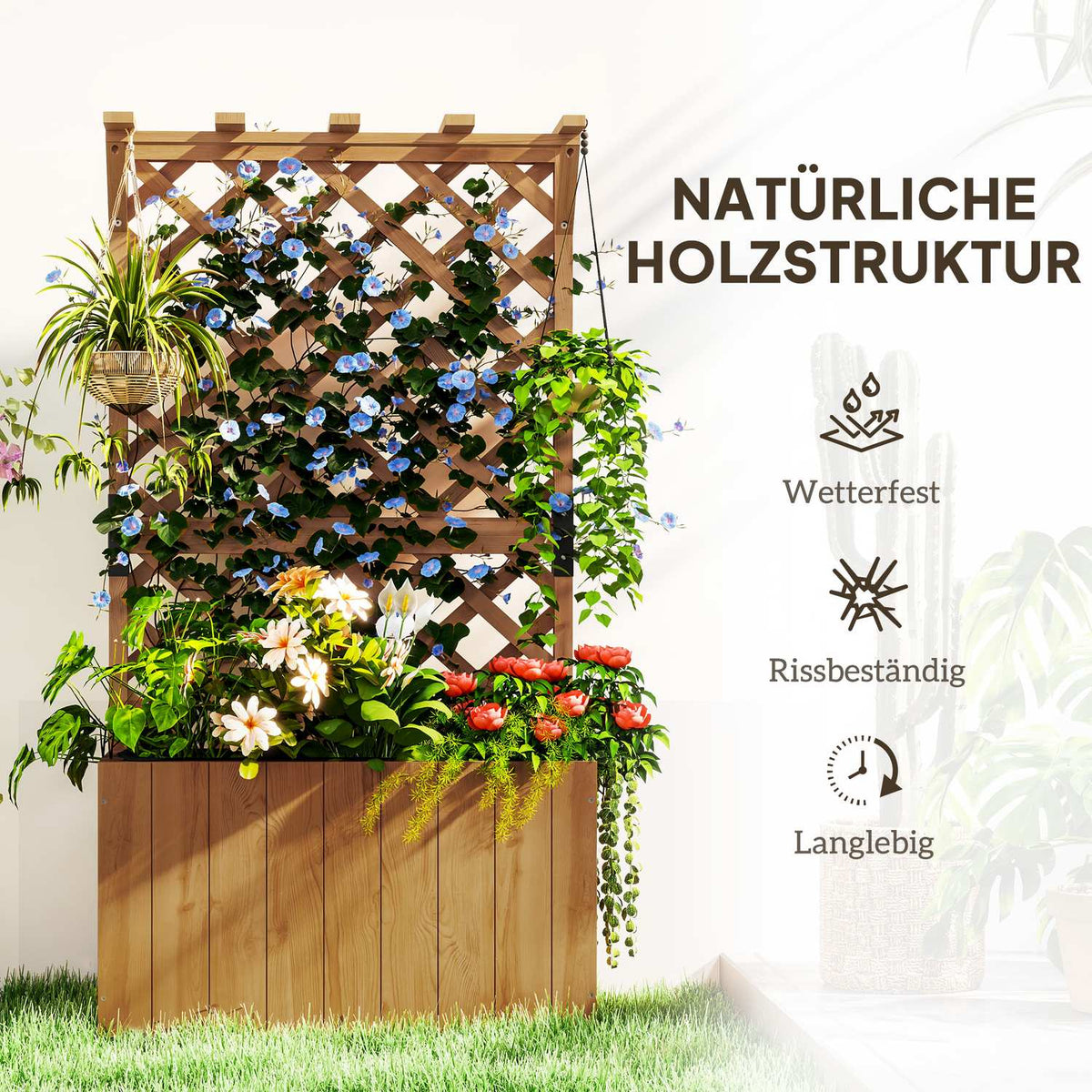 Raised bed plant box with trellis roof trellis plant pot flower box wood, garden trellis 64 x 33 x 122cm for garden balcony terrace, flower pot for climbing plants basket plants, flowers