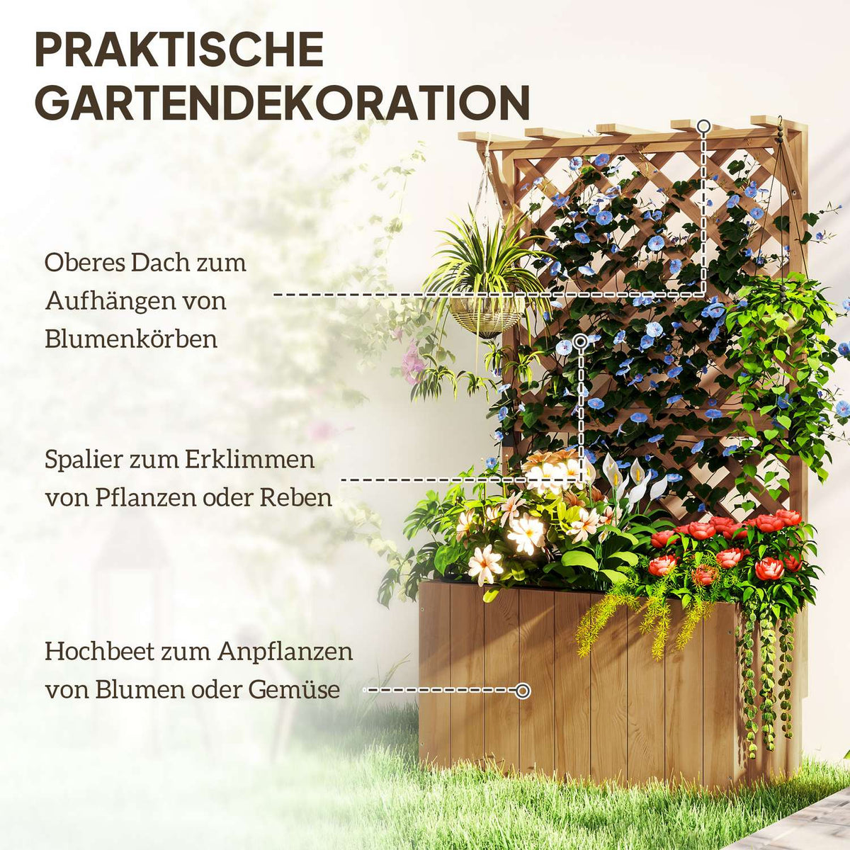 Raised bed plant box with trellis roof trellis plant pot flower box wood, garden trellis 64 x 33 x 122cm for garden balcony terrace, flower pot for climbing plants basket plants, flowers