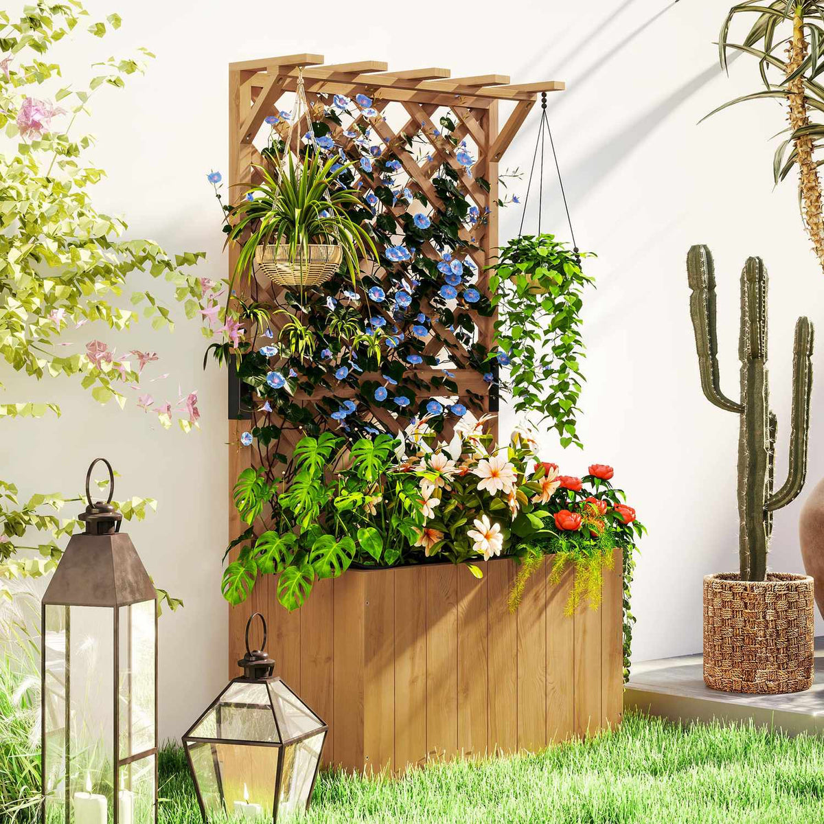 Raised bed plant box with trellis roof trellis plant pot flower box wood, garden trellis 64 x 33 x 122cm for garden balcony terrace, flower pot for climbing plants basket plants, flowers