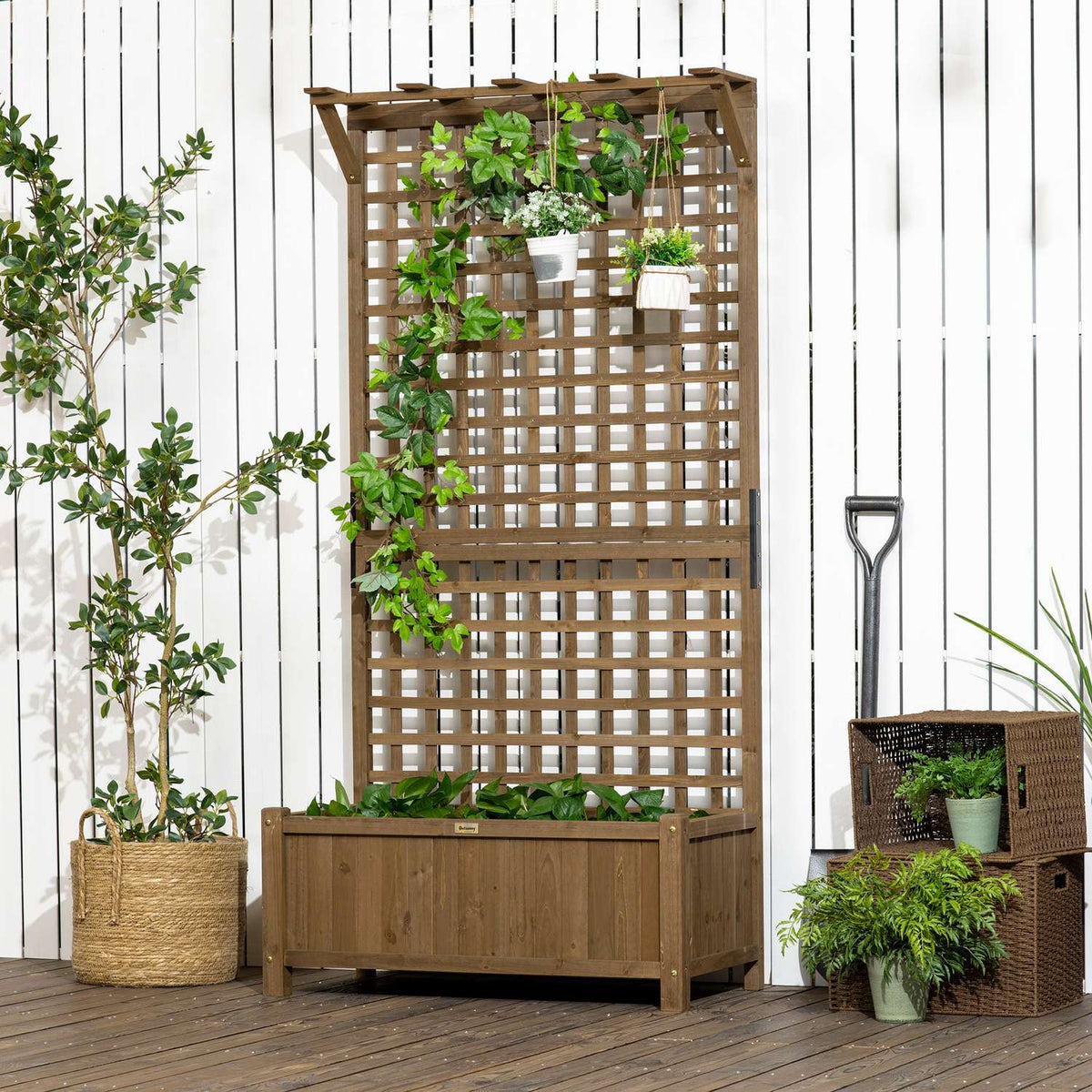 Raised bed plant box with trellis, trellis plant pot, flower box, wood, garden trellis 90 x 45 x 183 cm for garden, balcony, terrace, flower pot for climbing plants, basket plants, flowers