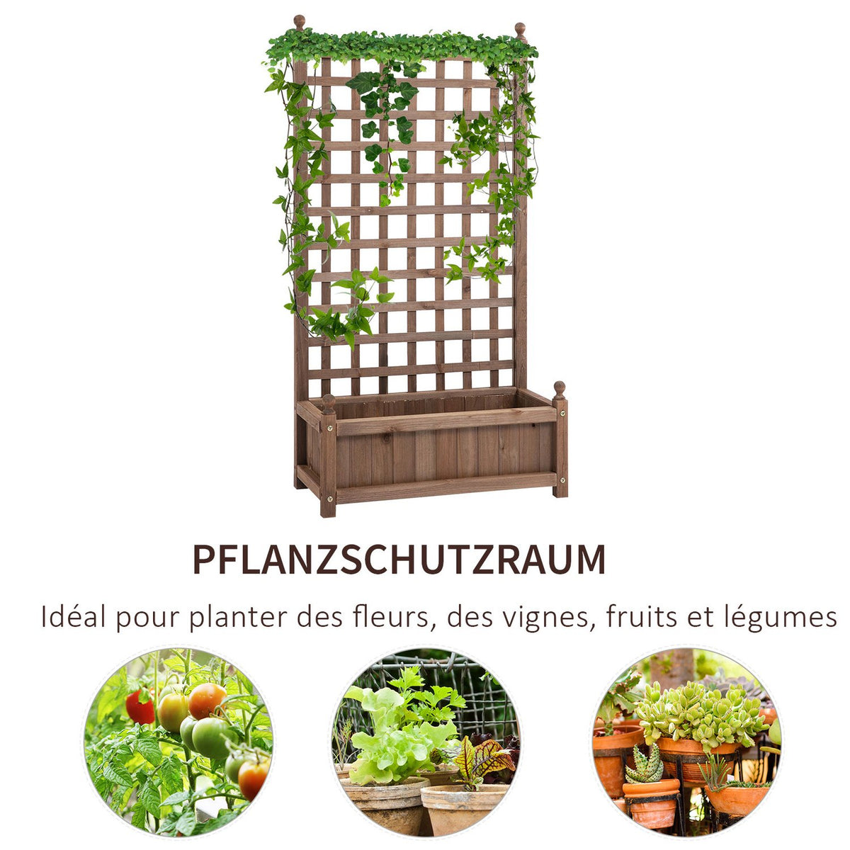 Raised bed planter box with trellis for climbing plants made of wood 64x28x120cm ideal for garden & balcony