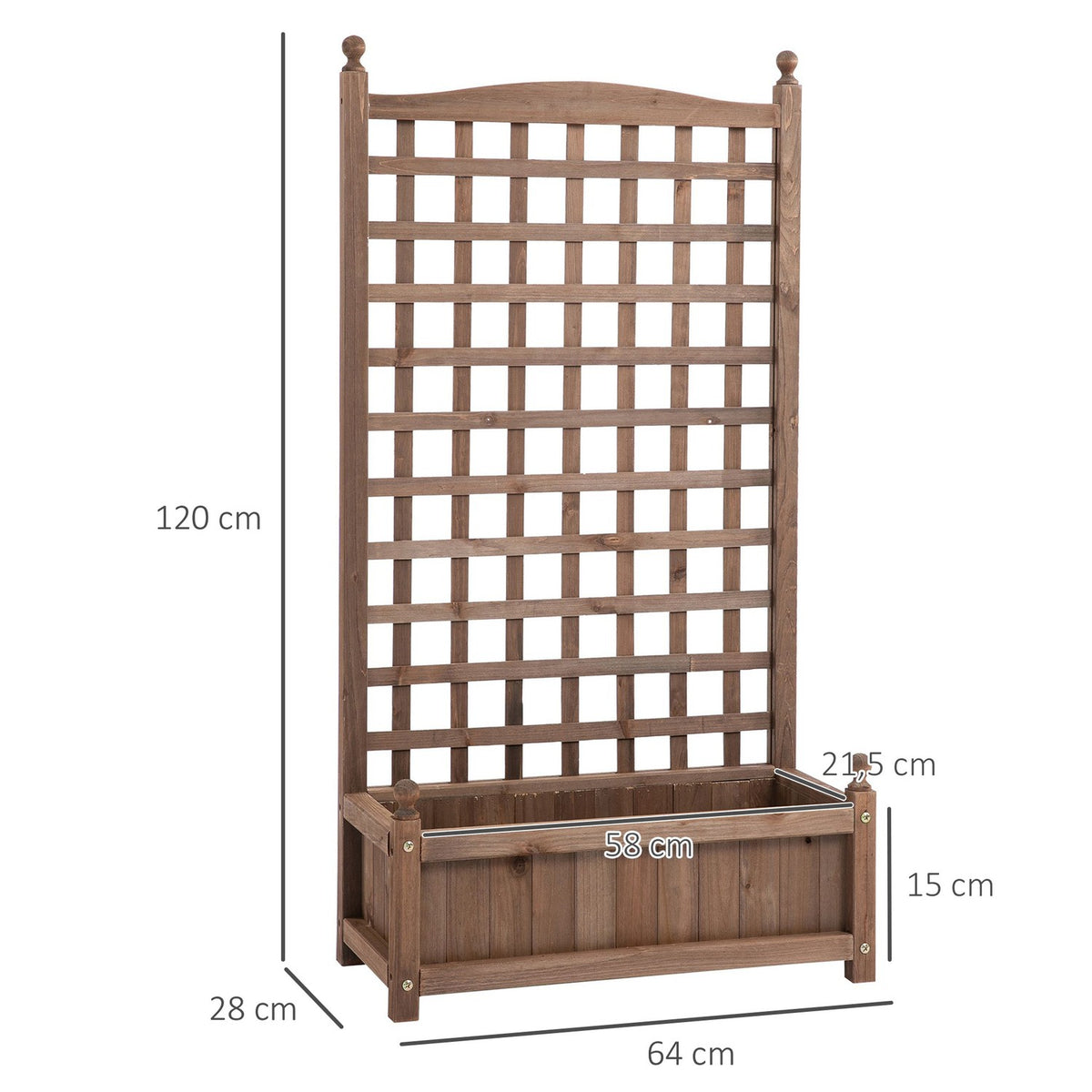 Raised bed planter box with trellis for climbing plants made of wood 64x28x120cm ideal for garden & balcony