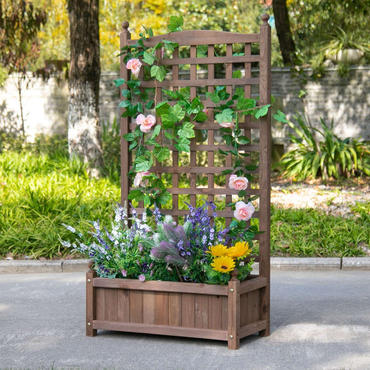 Raised bed planter box with trellis for climbing plants made of wood 64x28x120cm ideal for garden & balcony