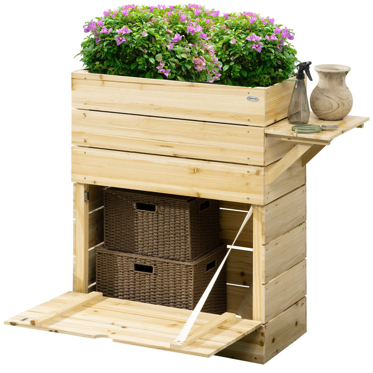 Raised bed planter flower box with table, cupboard vegetable bed for garden, terrace and balcony, wood, natural, 105 x 39.5 x 105 cm