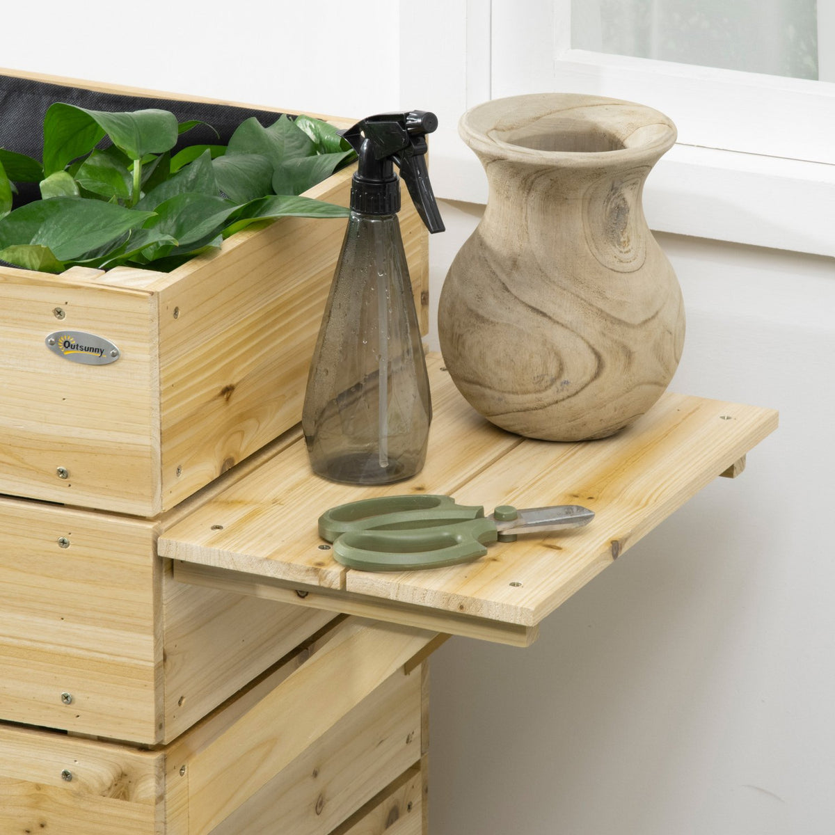 Raised bed planter flower box with table, cupboard vegetable bed for garden, terrace and balcony, wood, natural, 105 x 39.5 x 105 cm