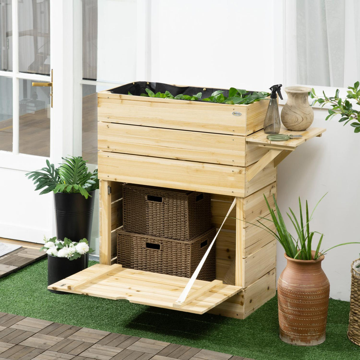 Raised bed planter flower box with table, cupboard vegetable bed for garden, terrace and balcony, wood, natural, 105 x 39.5 x 105 cm