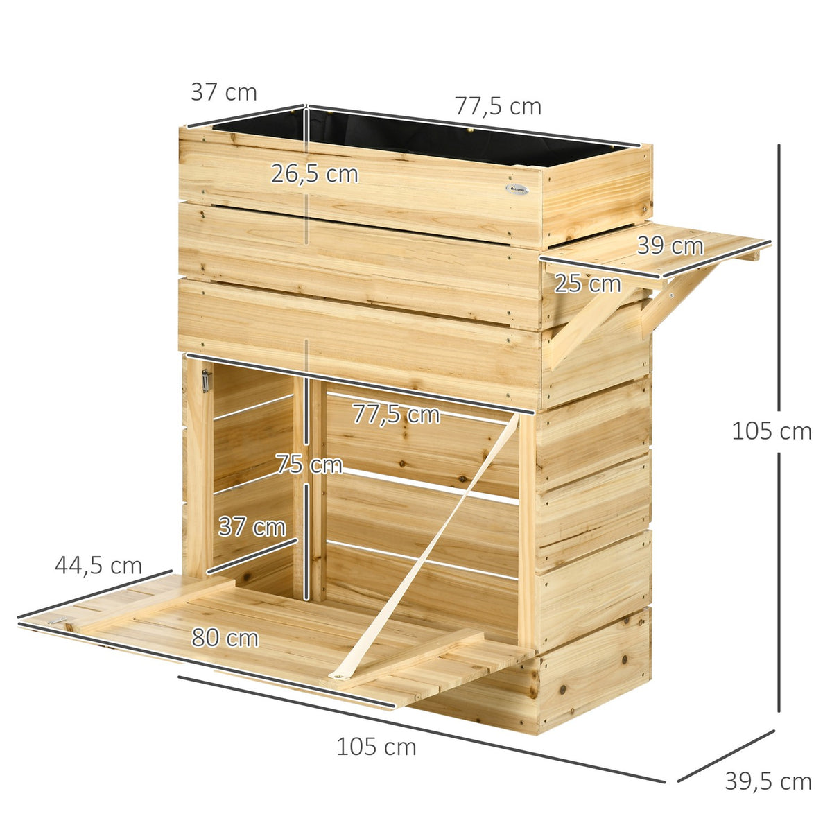 Raised bed planter flower box with table, cupboard vegetable bed for garden, terrace and balcony, wood, natural, 105 x 39.5 x 105 cm