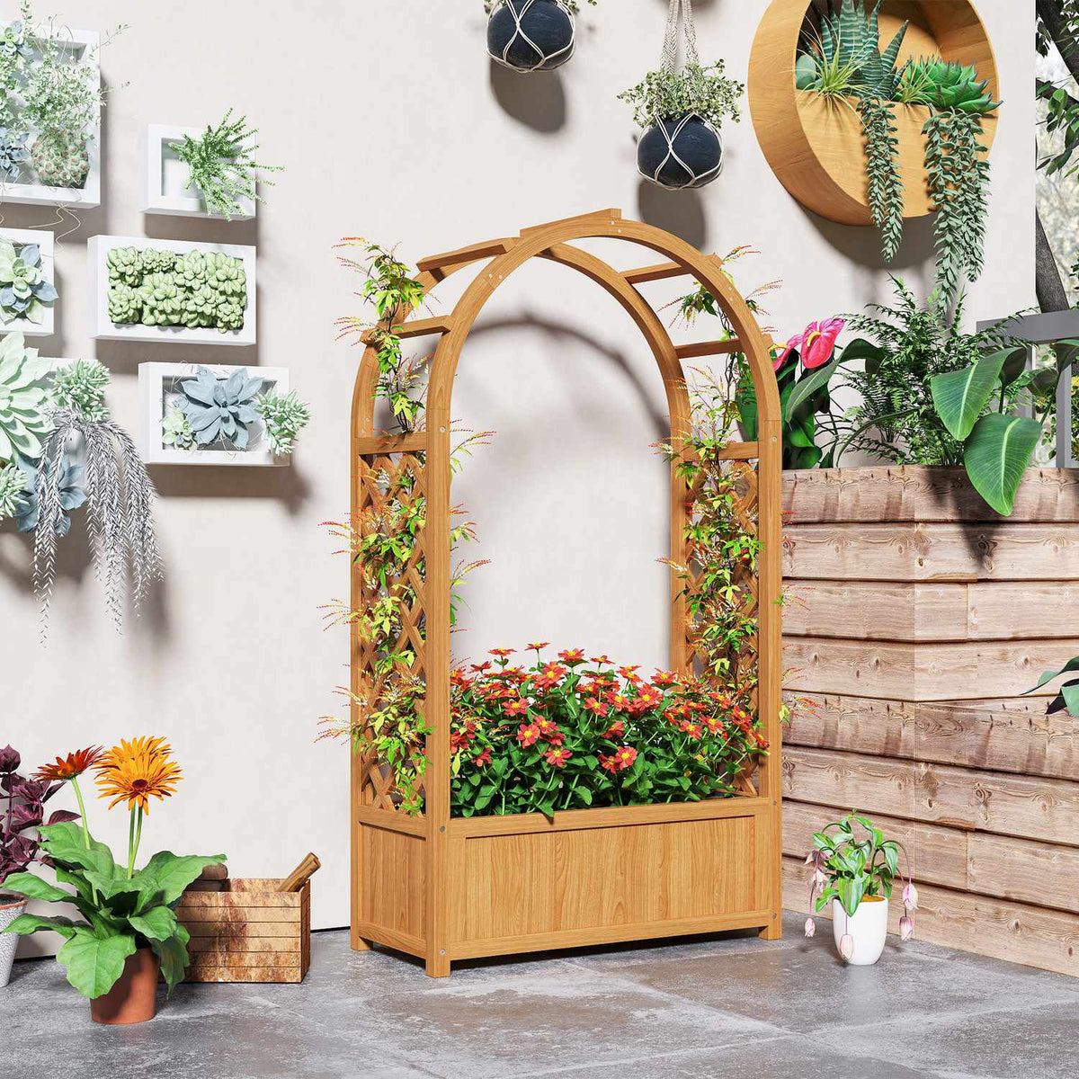 Raised bed planter with trellis, curved roof trellis planter made of wood, garden trellis 83x36x145cm for garden balcony terrace, flower pot for climbing plants, basket plants, flowers